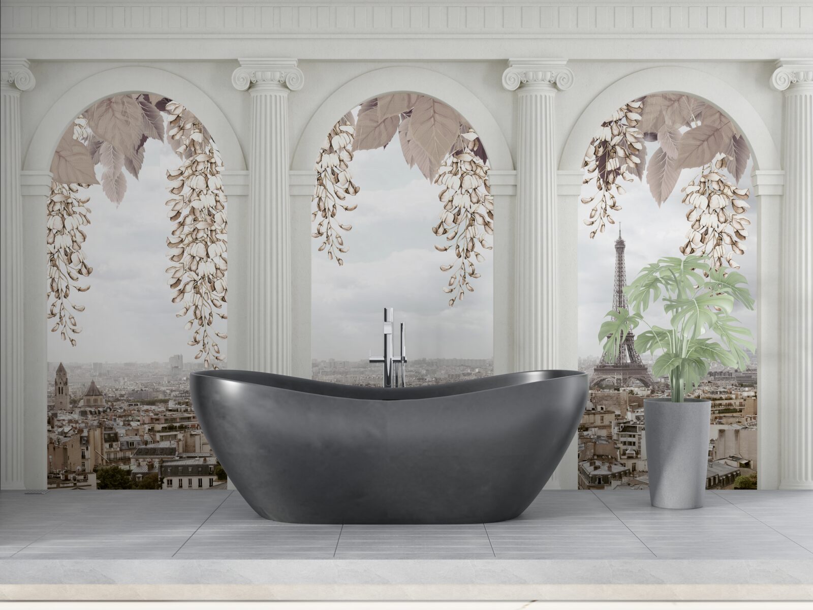 Фотошпалери квіткові арки з захоплюючим видом на Париж