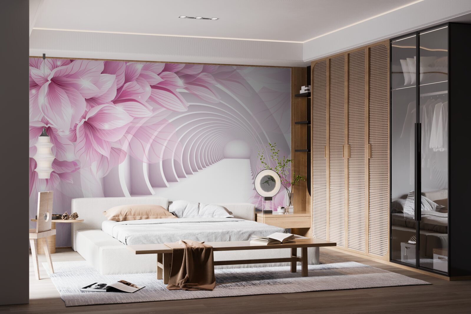 Фотошпалери рожеві квіти та абстрактний тунель