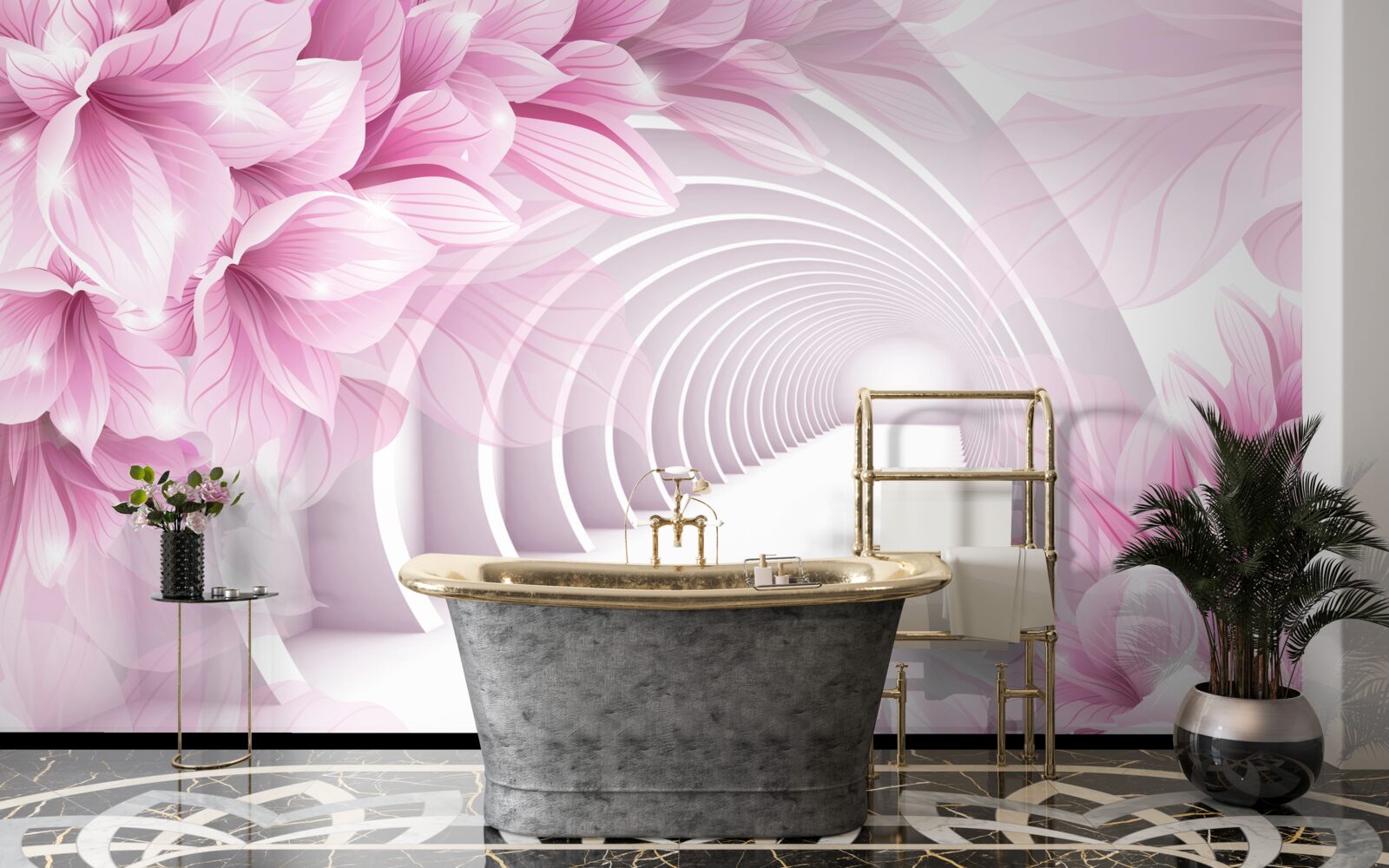 Фотошпалери рожеві квіти та абстрактний тунель