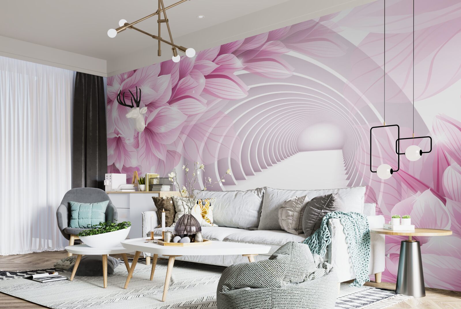 Фотошпалери рожеві квіти та абстрактний тунель