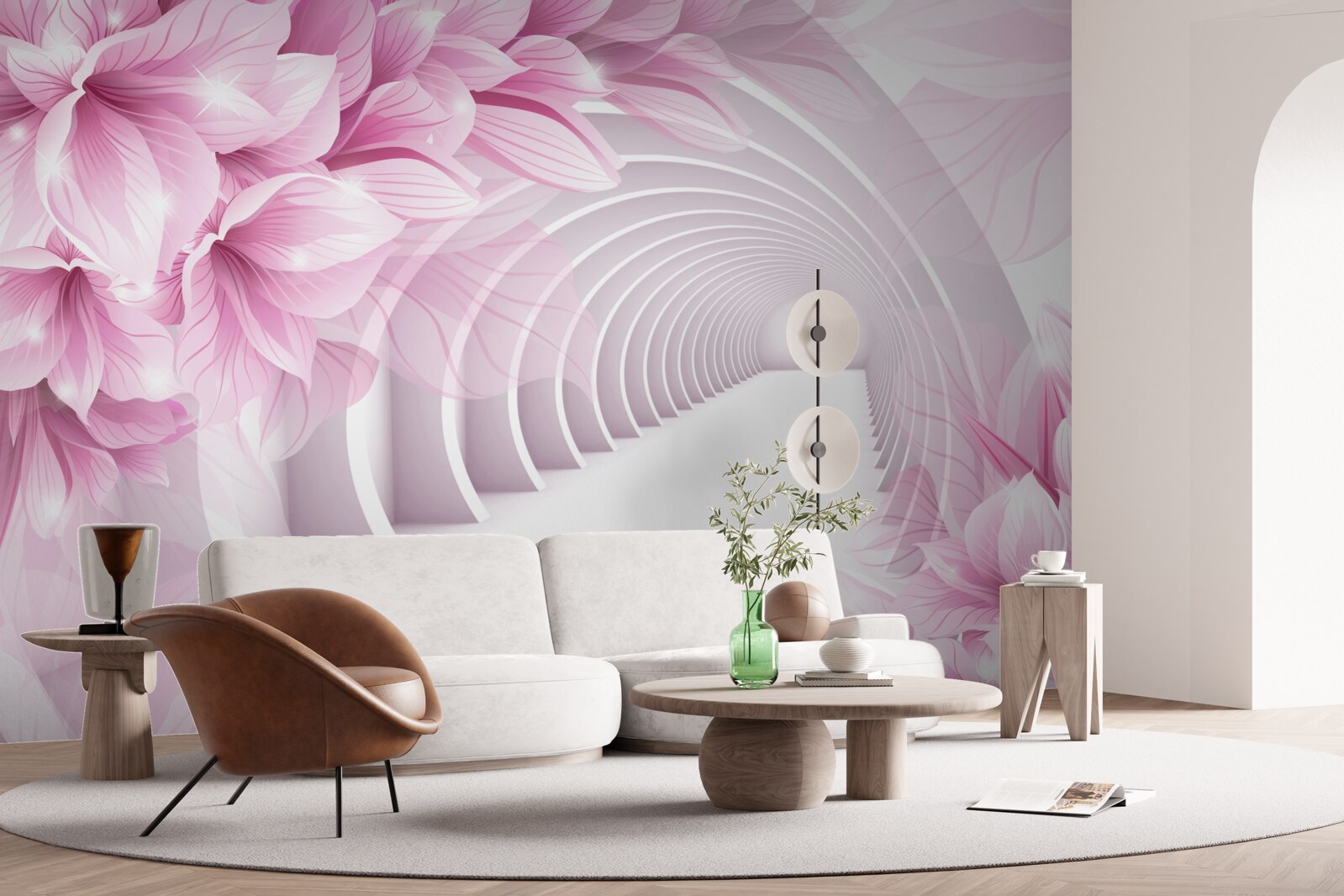 Фотошпалери рожеві квіти та абстрактний тунель