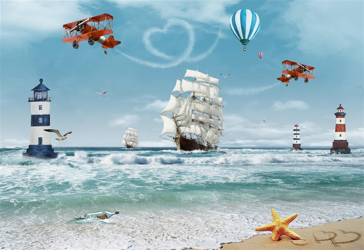 Фотошпалери літаки і маяки на задньому плані, на тлі яких виділяється бригантина