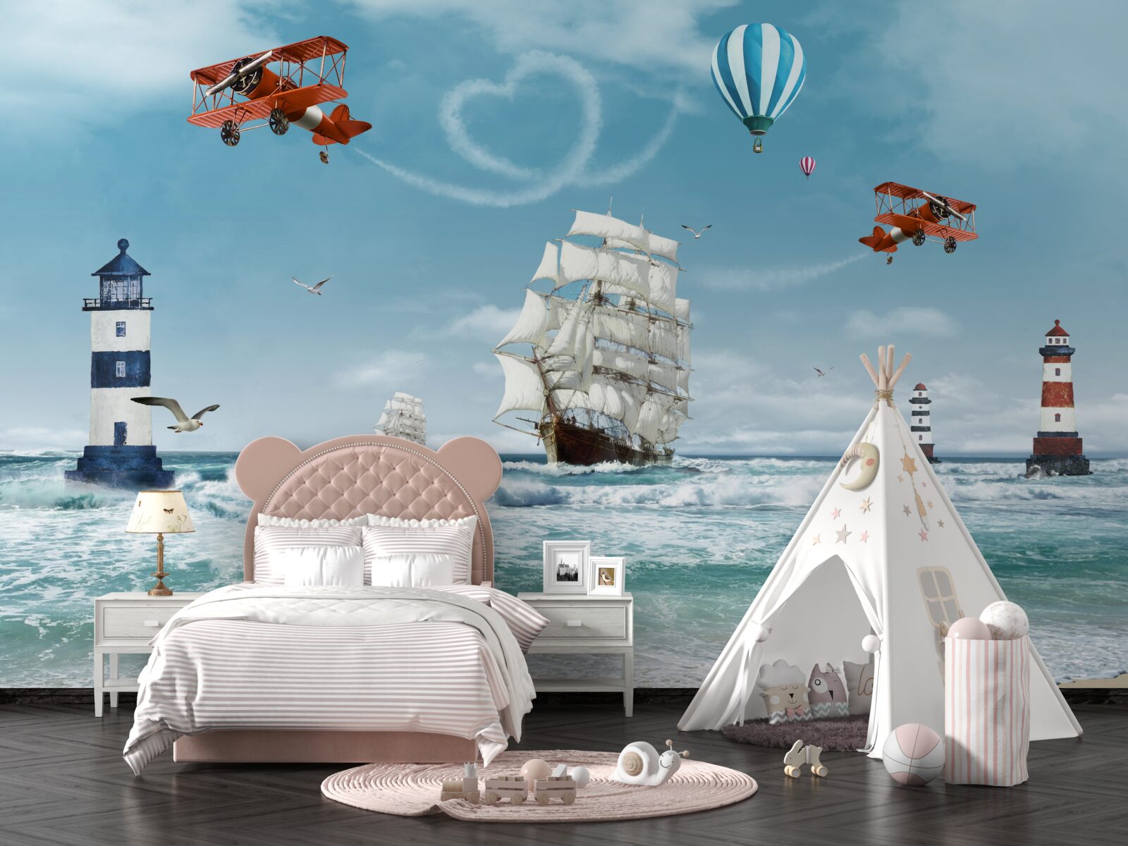 Фотошпалери літаки і маяки на задньому плані, на тлі яких виділяється бригантина