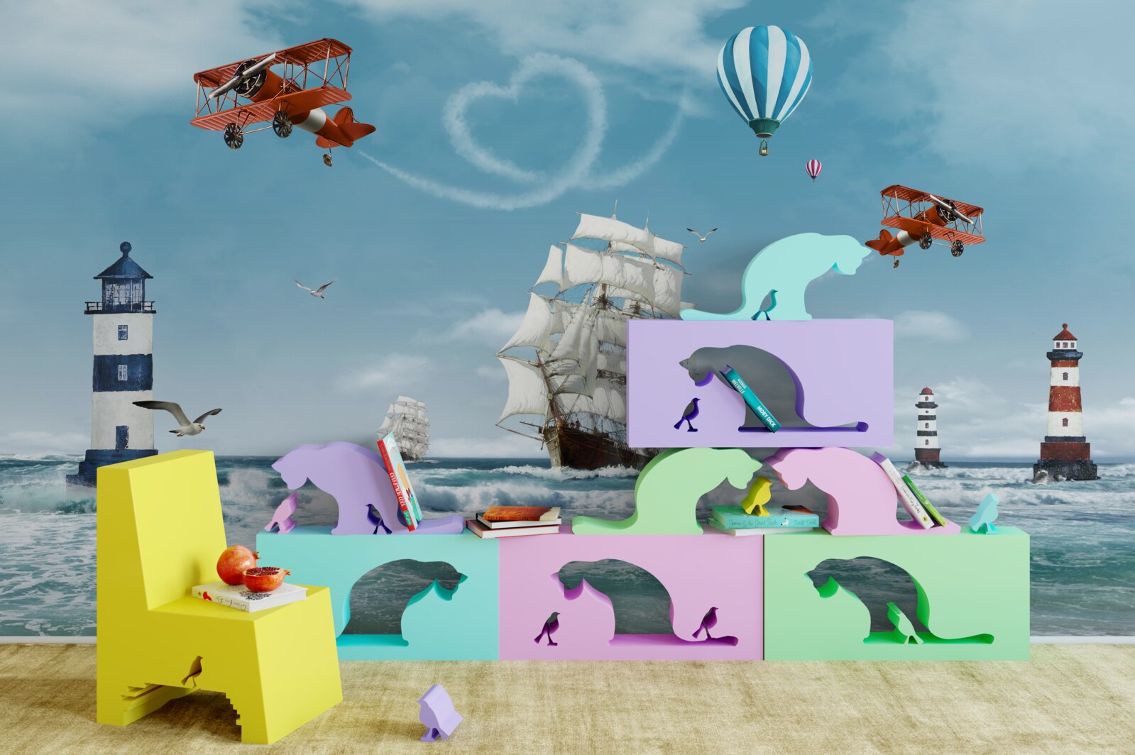 Фотошпалери літаки і маяки на задньому плані, на тлі яких виділяється бригантина