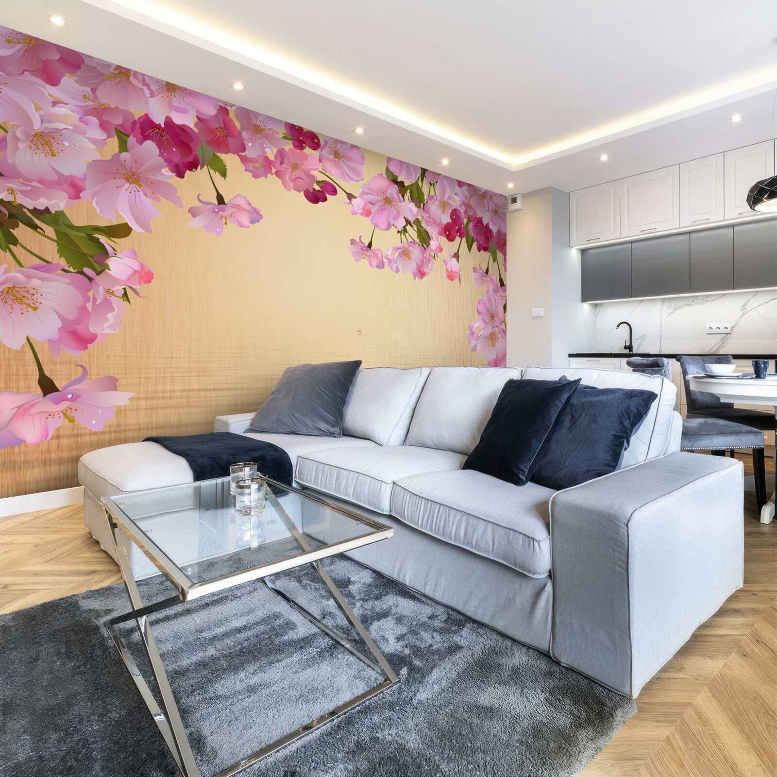 Фотошпалери вода під пишними рожевими квітами