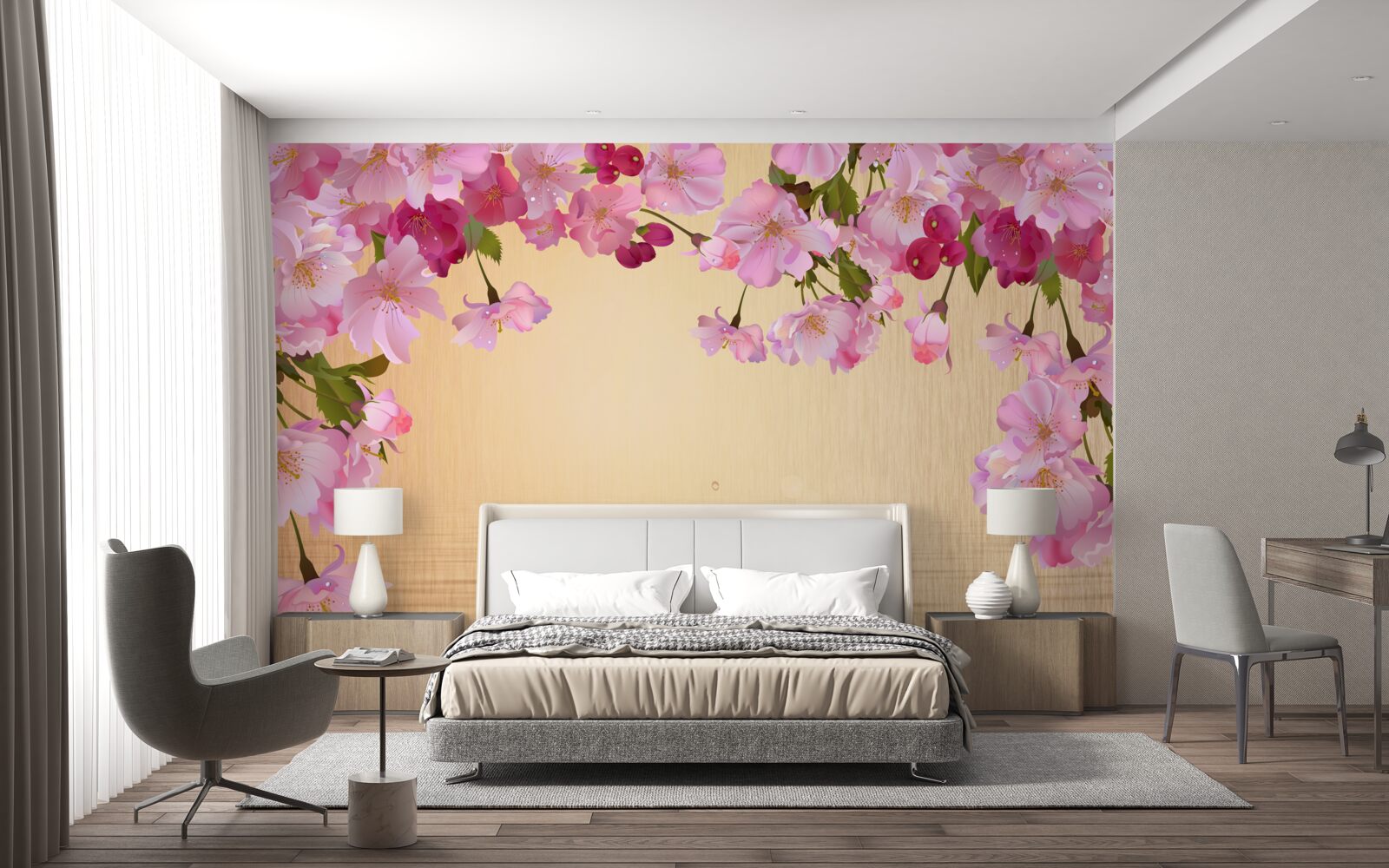 Фотошпалери вода під пишними рожевими квітами