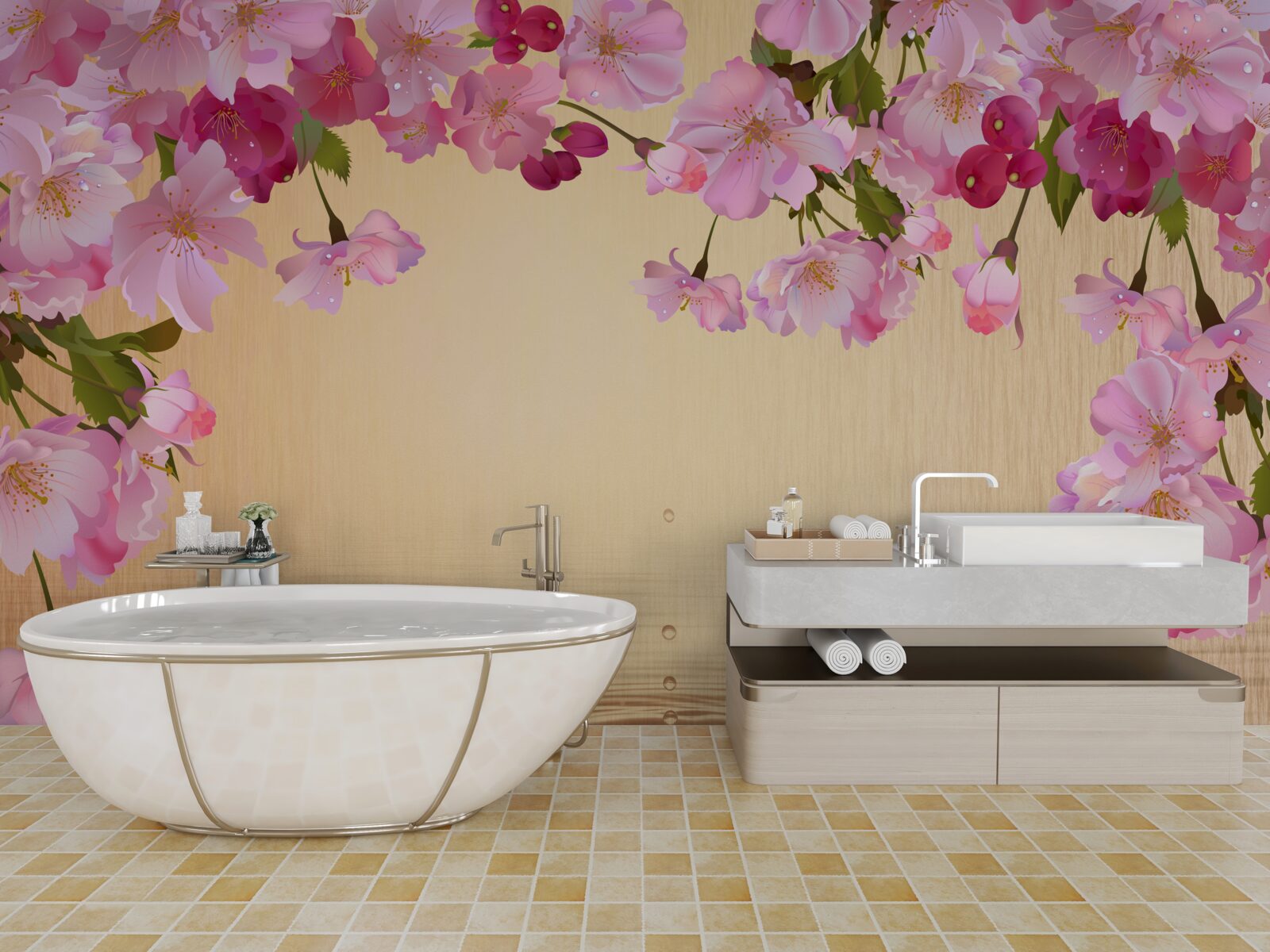 Фотошпалери вода під пишними рожевими квітами