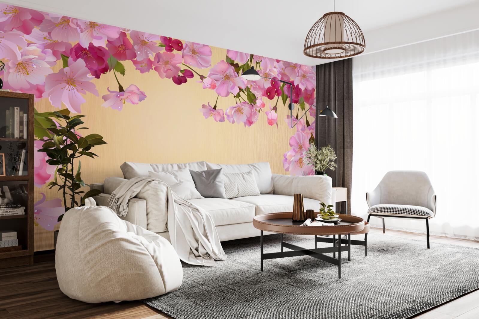 Фотошпалери вода під пишними рожевими квітами