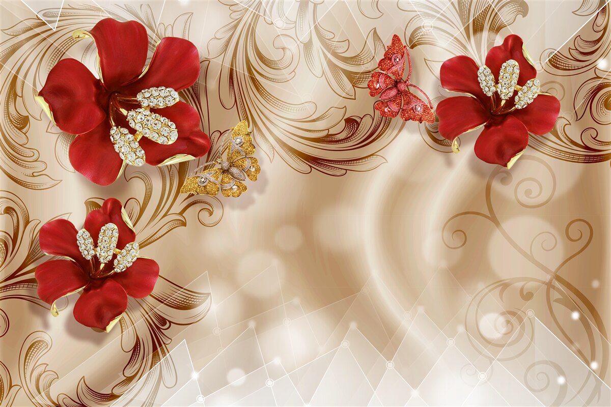Фотошпалери золоті гілки та червоні лілії