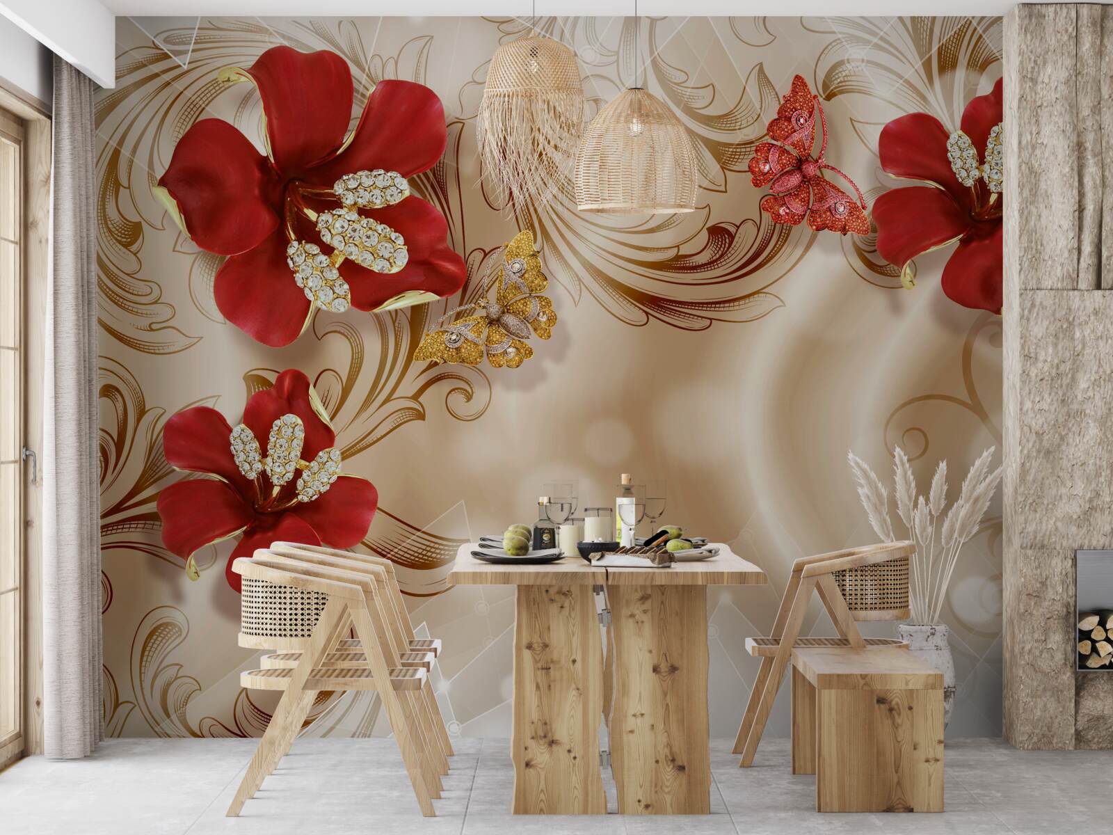 Фотошпалери золоті гілки та червоні лілії