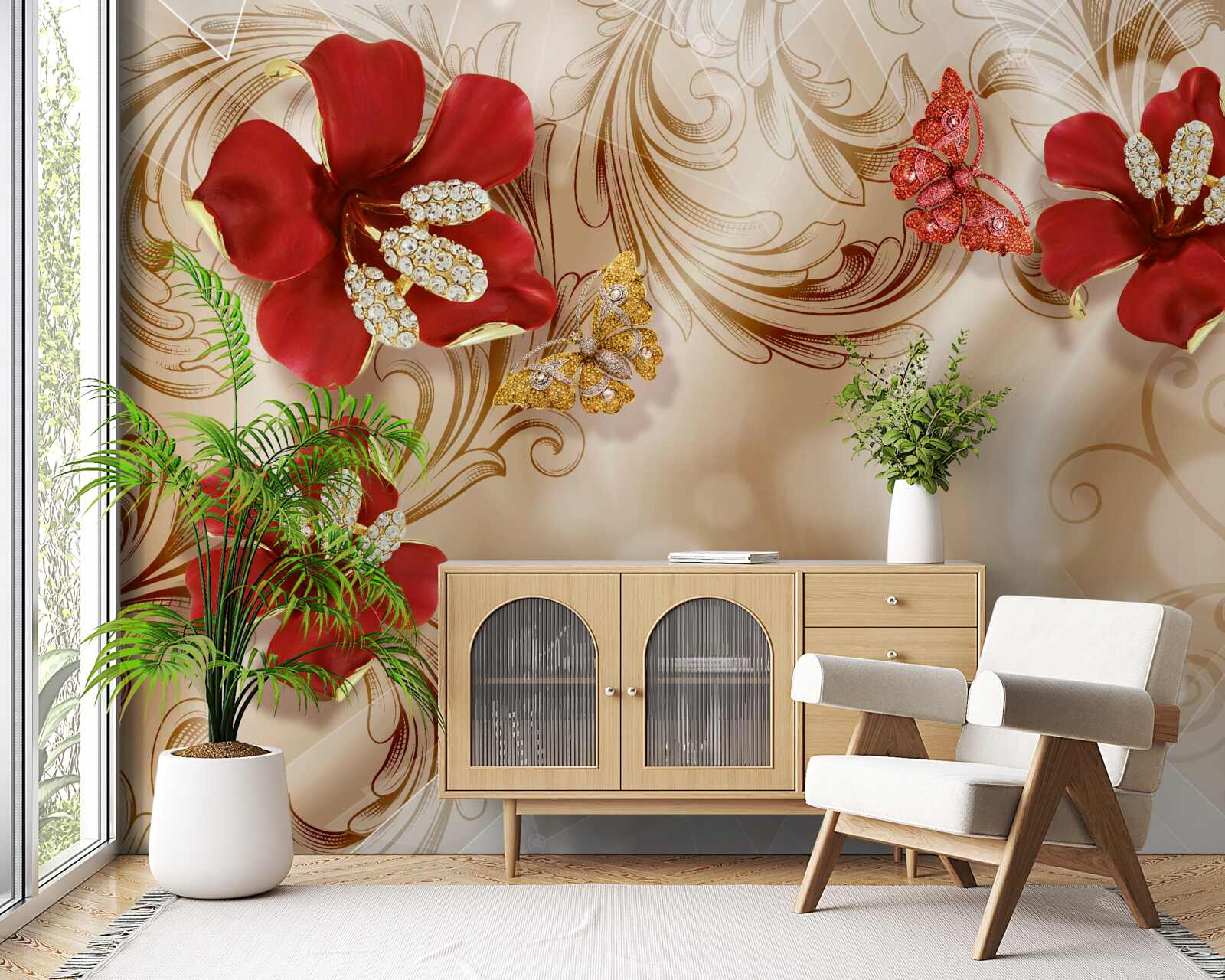 Фотошпалери золоті гілки та червоні лілії