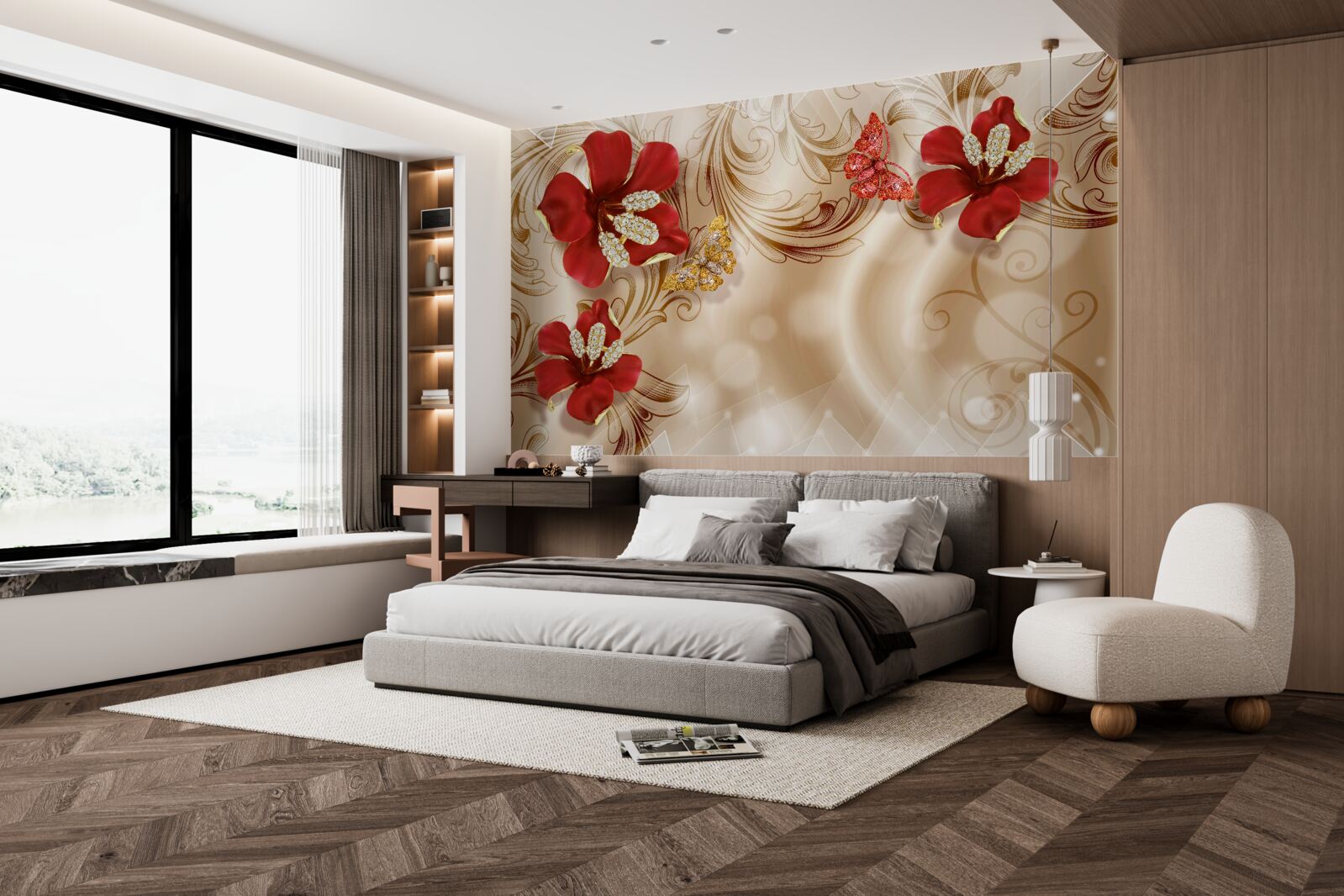 Фотошпалери золоті гілки та червоні лілії