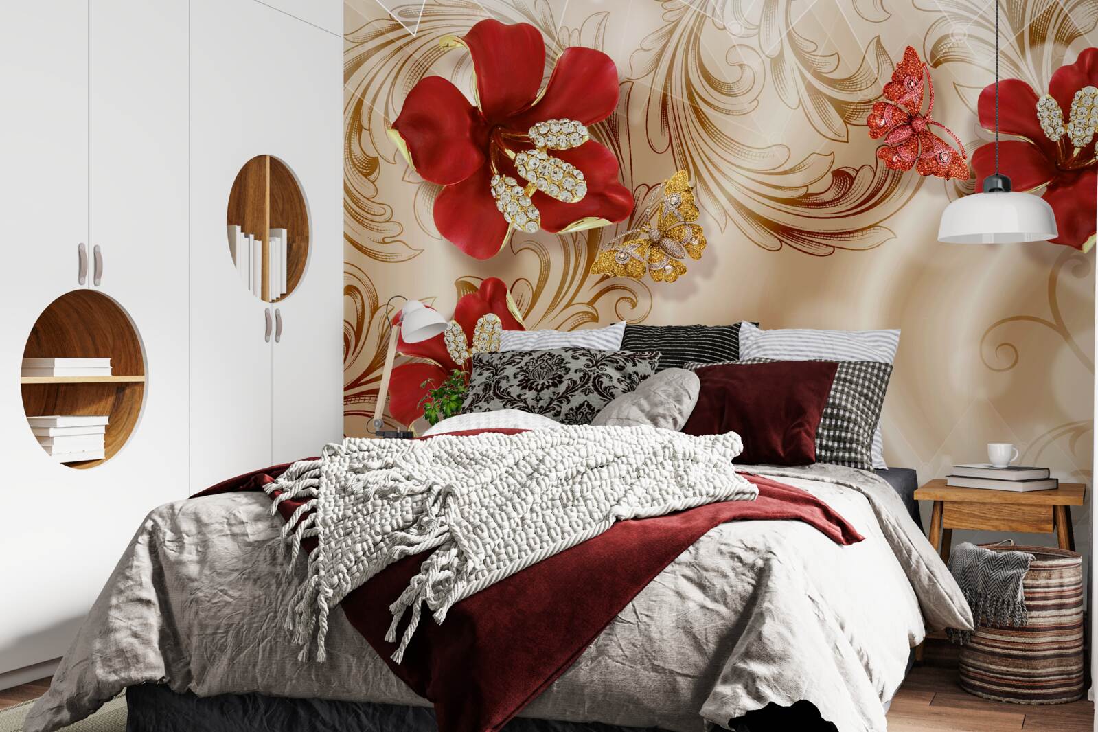 Фотошпалери золоті гілки та червоні лілії