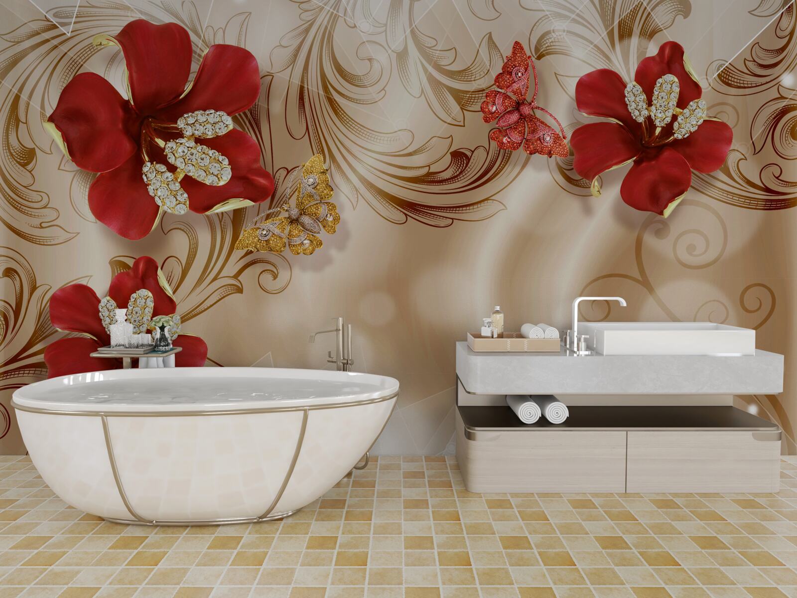 Фотошпалери золоті гілки та червоні лілії