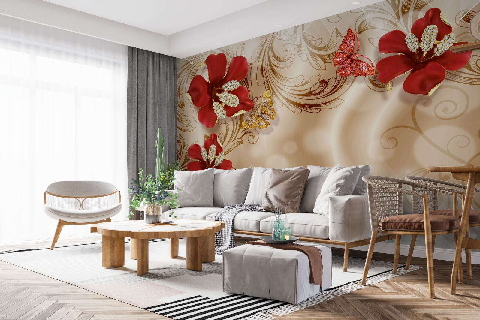 Фотошпалери золоті гілки та червоні лілії