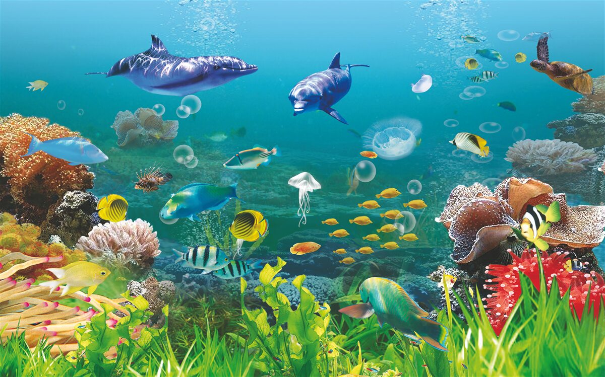 Фотошпалери морські мешканці на зеленуватому дні