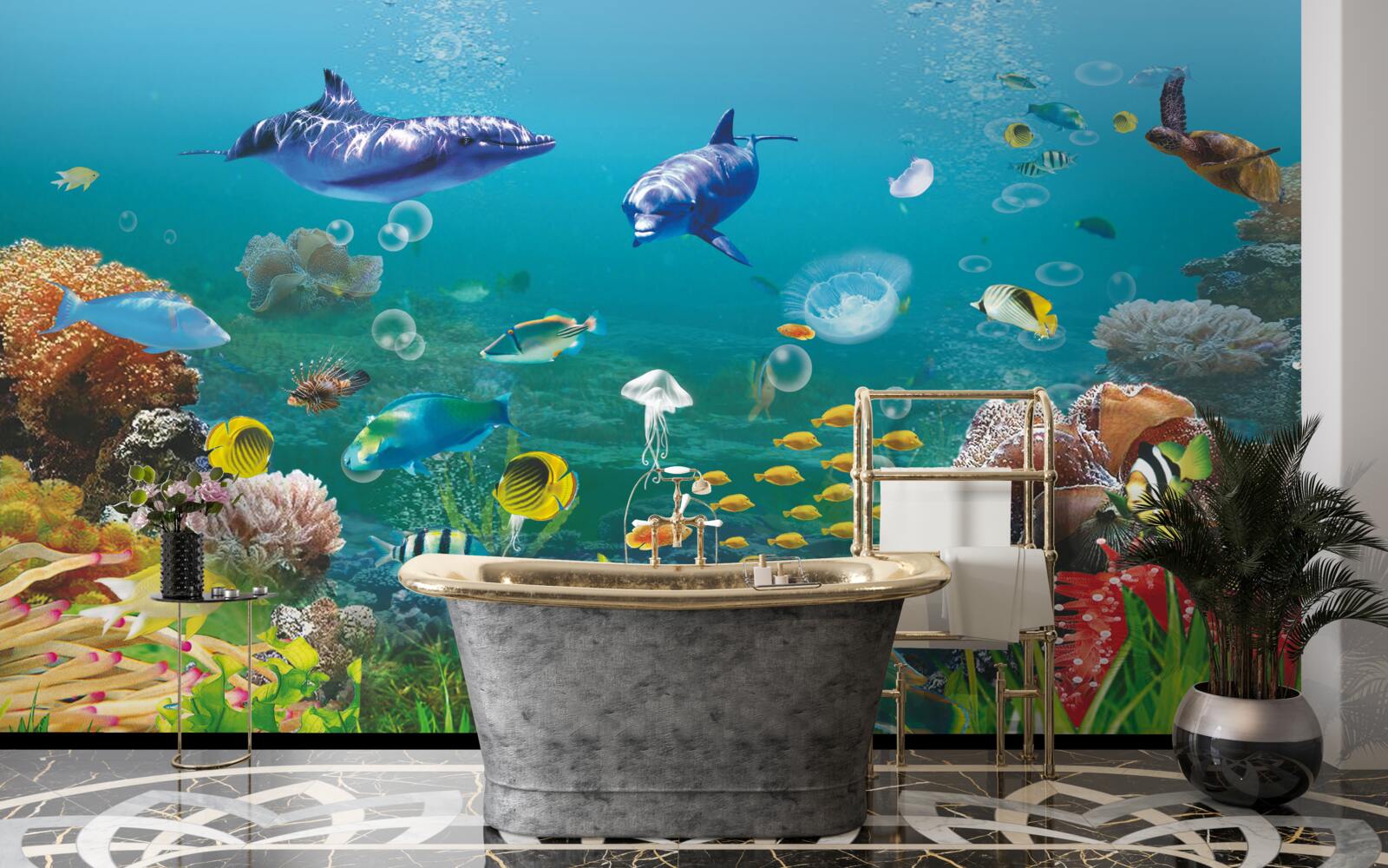 Фотошпалери морські мешканці на зеленуватому дні