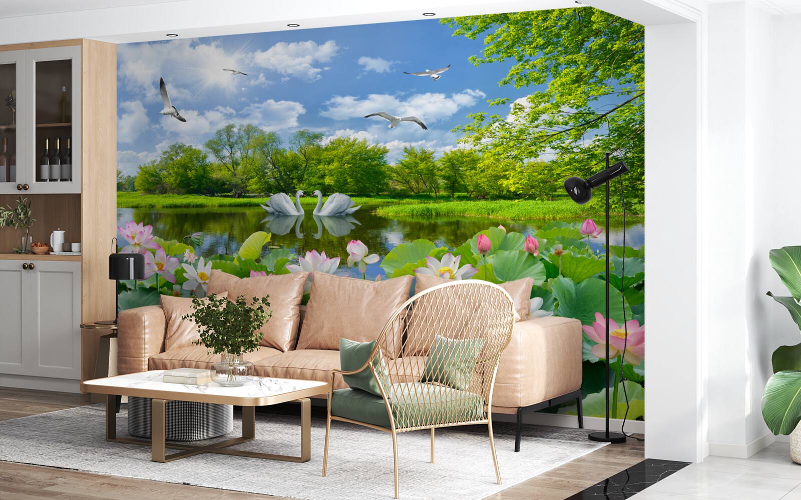 Фотошпалери два лебедя плавають у ставку з лататтям