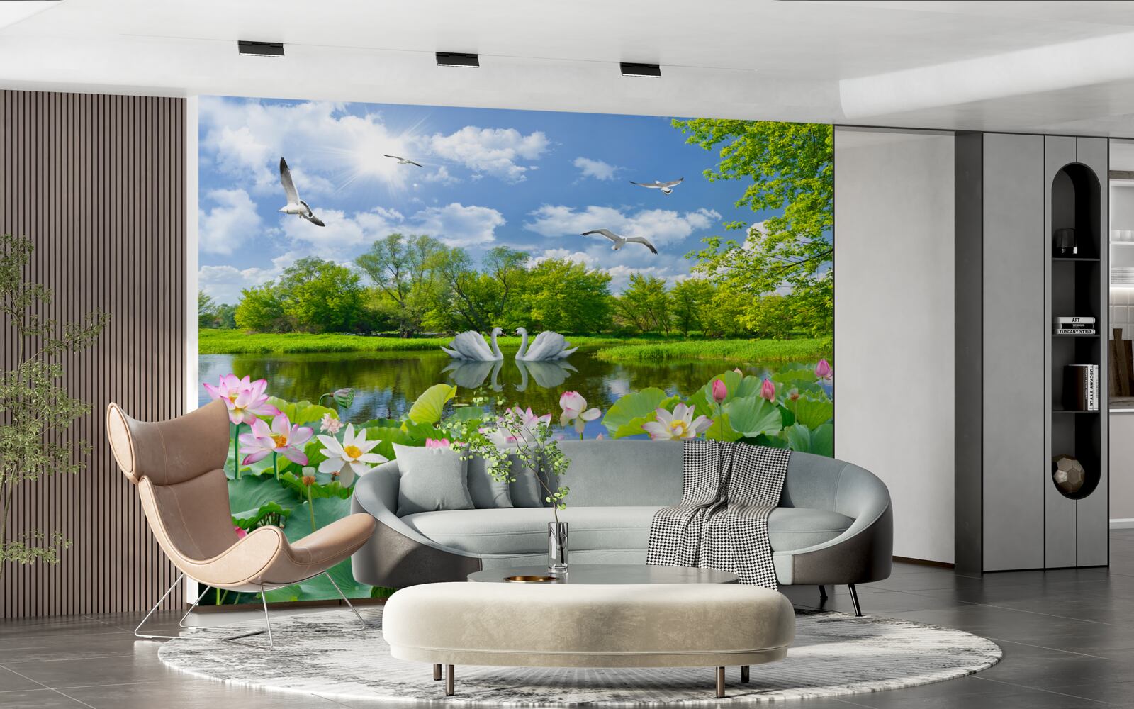 Фотошпалери два лебедя плавають у ставку з лататтям