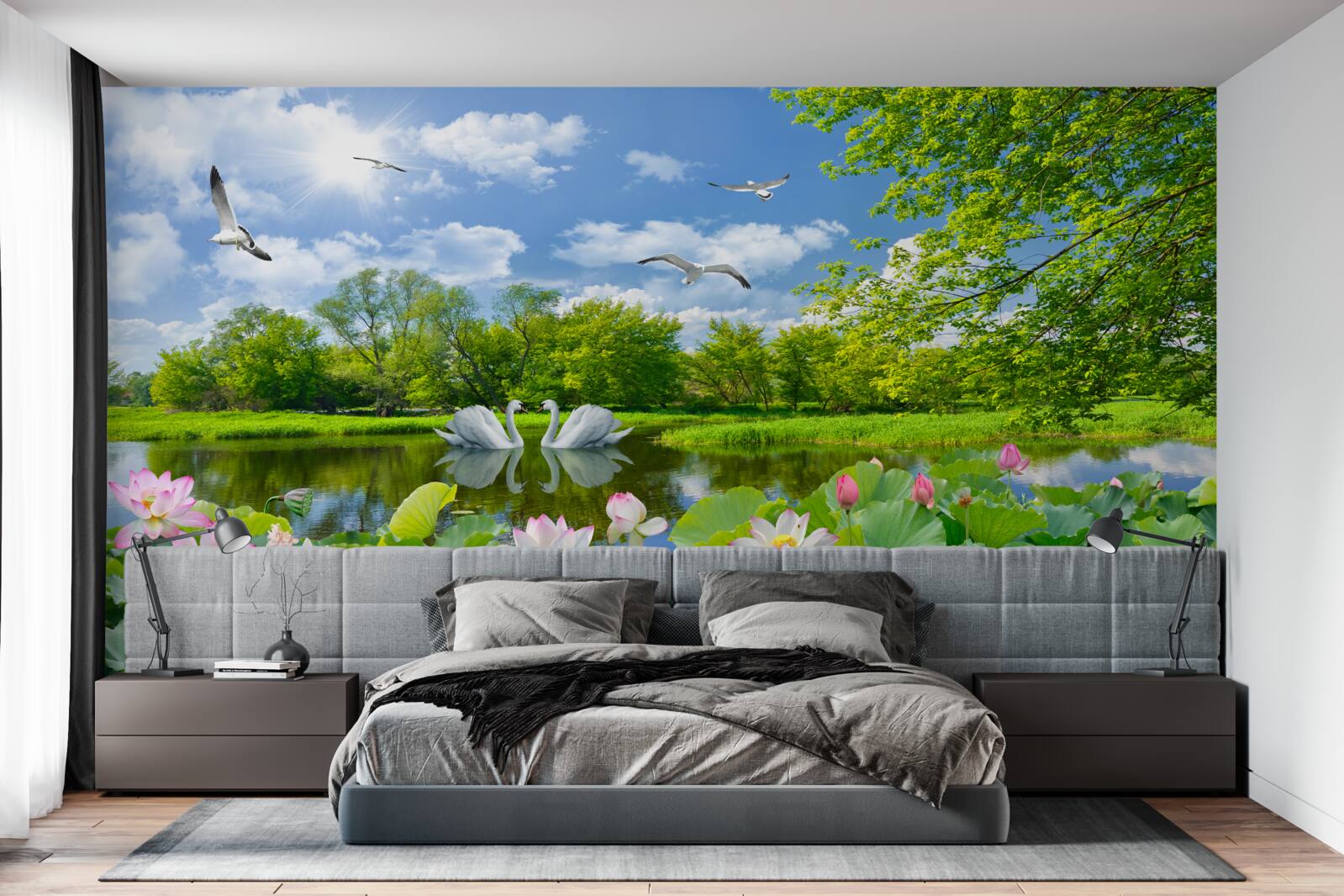 Фотошпалери два лебедя плавають у ставку з лататтям