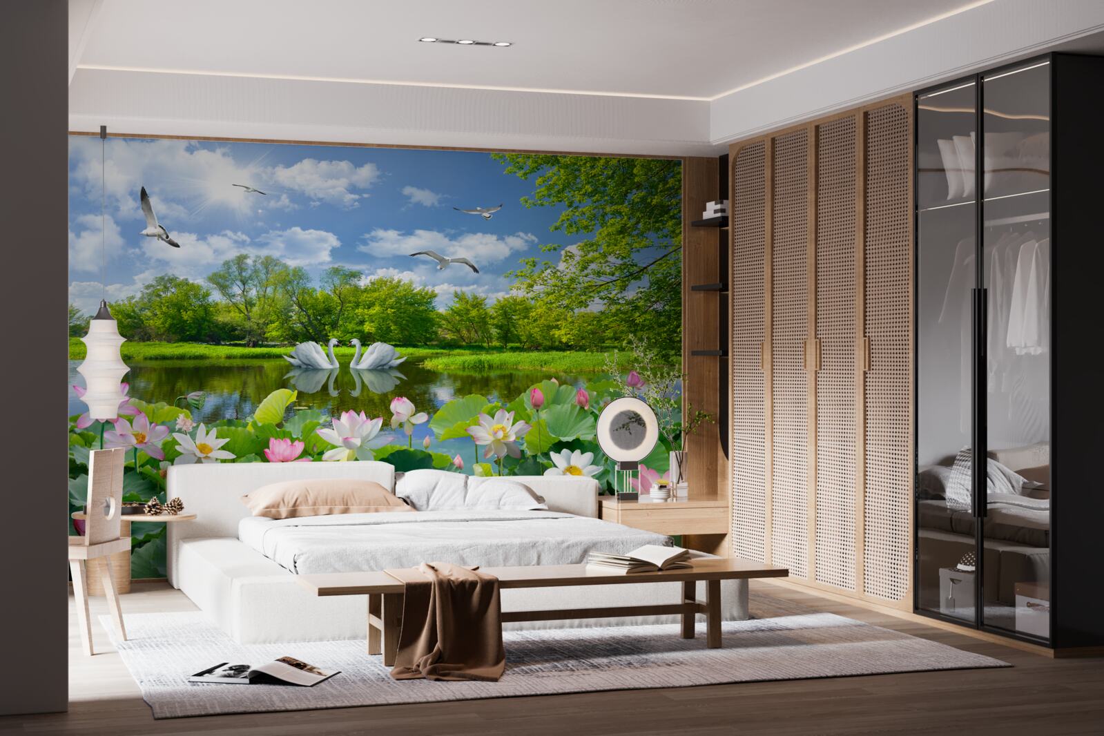 Фотошпалери два лебедя плавають у ставку з лататтям