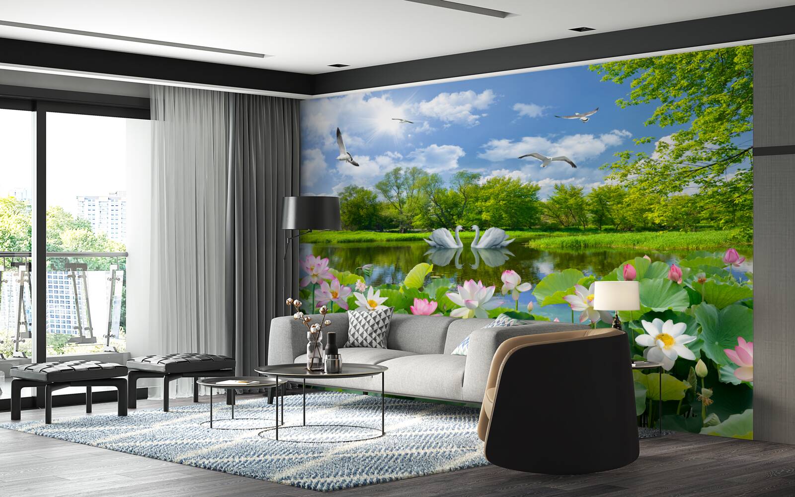 Фотошпалери два лебедя плавають у ставку з лататтям