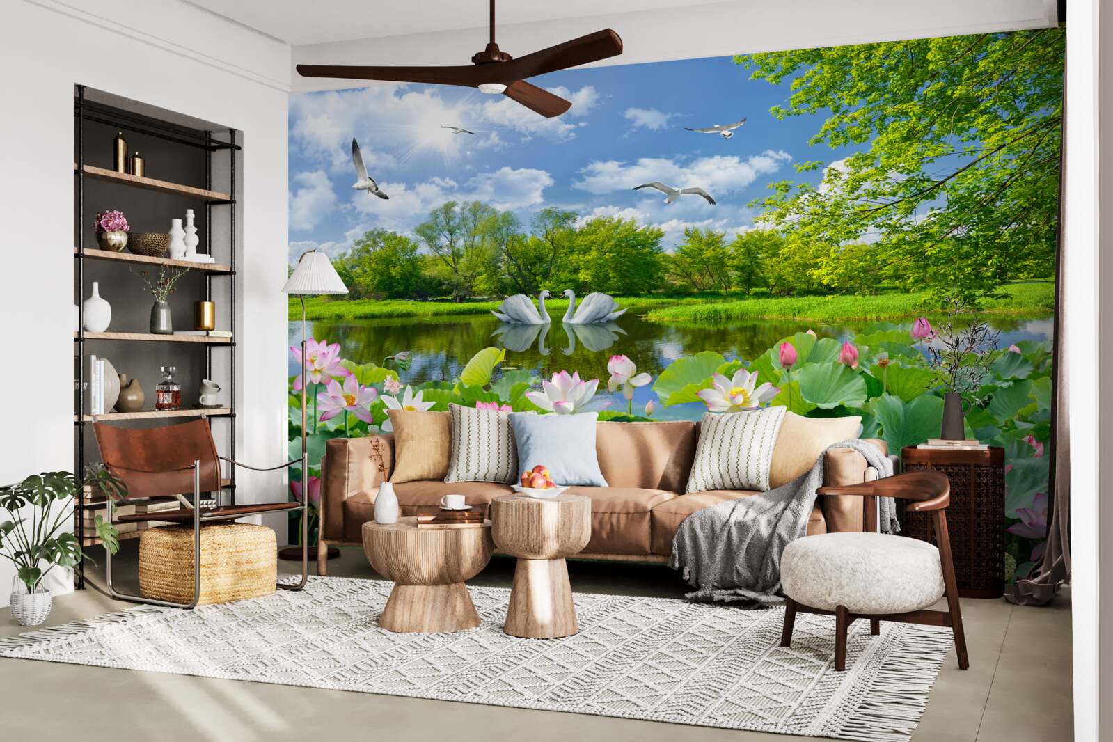 Фотошпалери два лебедя плавають у ставку з лататтям