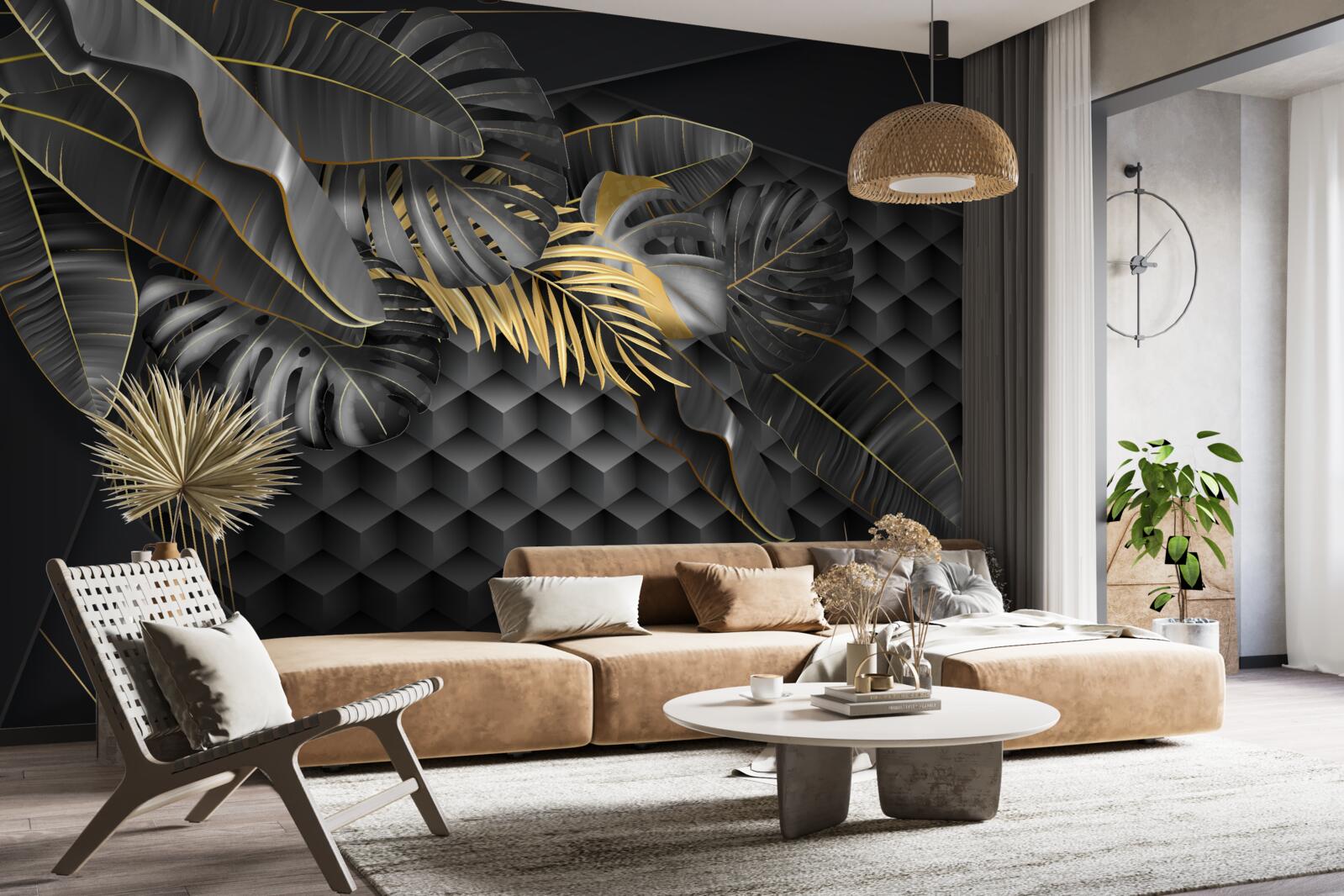 Фотошпалери чорні ручки з текстурою та золотим поділом