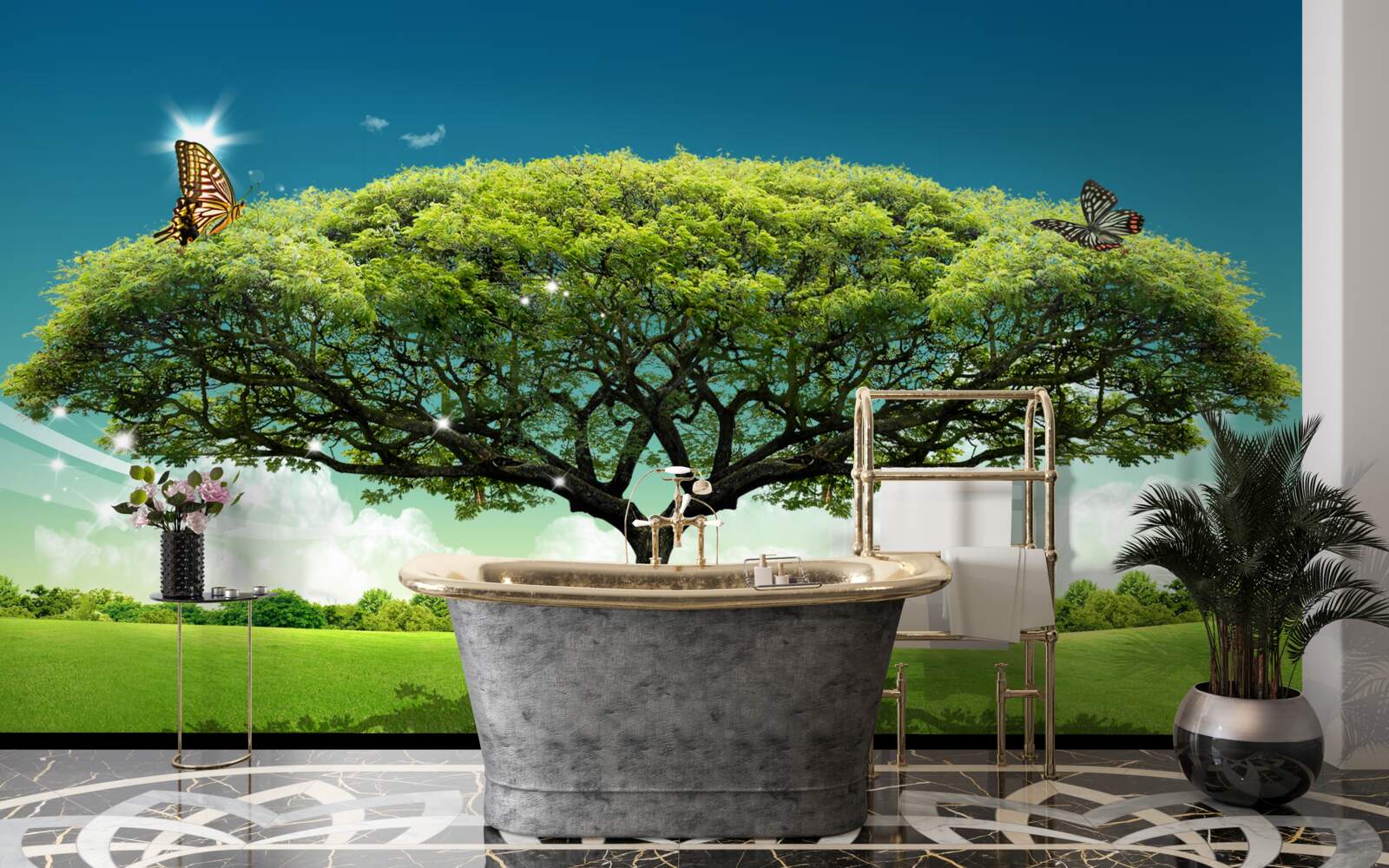 Фотошпалери на галявині росте здорове дерево життя