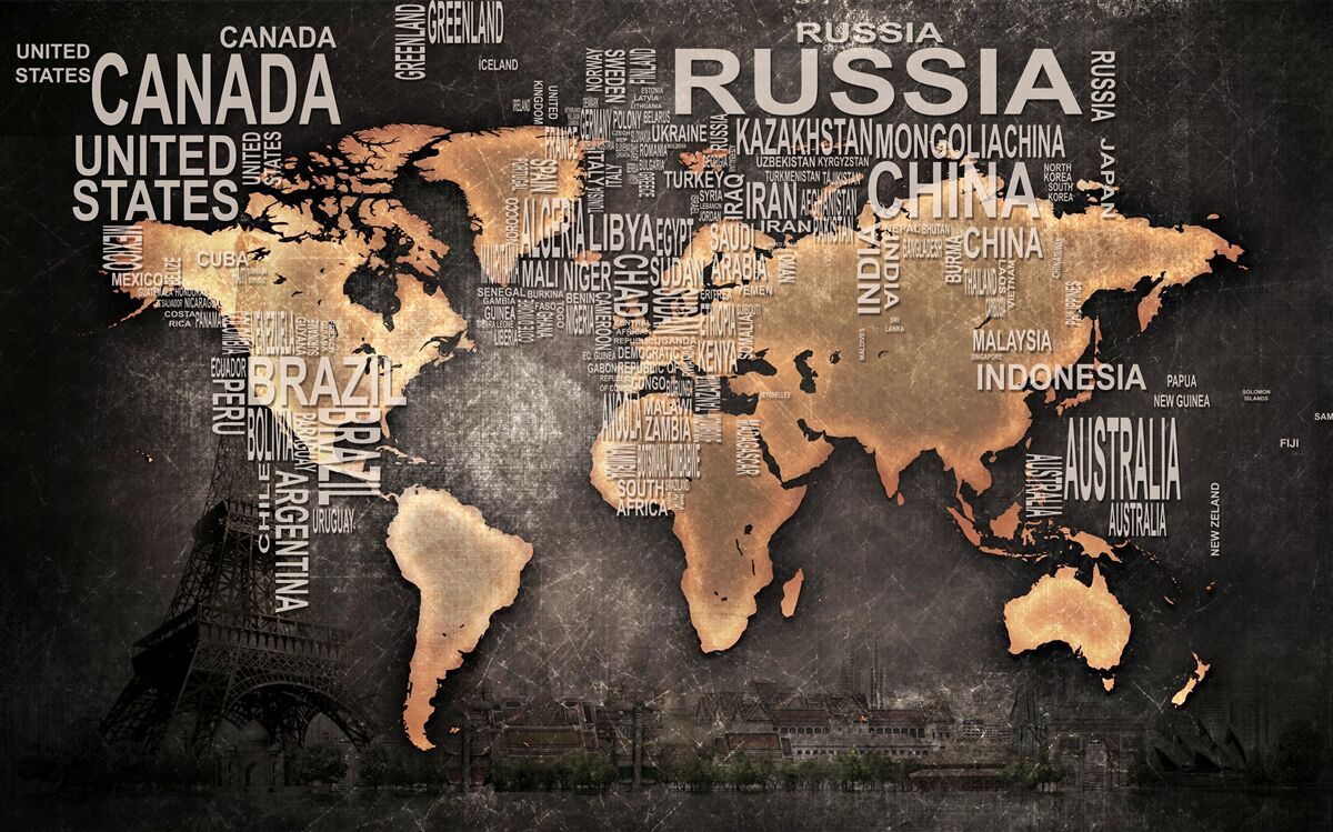 Фотошпалери карта світу в темних кольорах із зазначенням назв найбільших держав