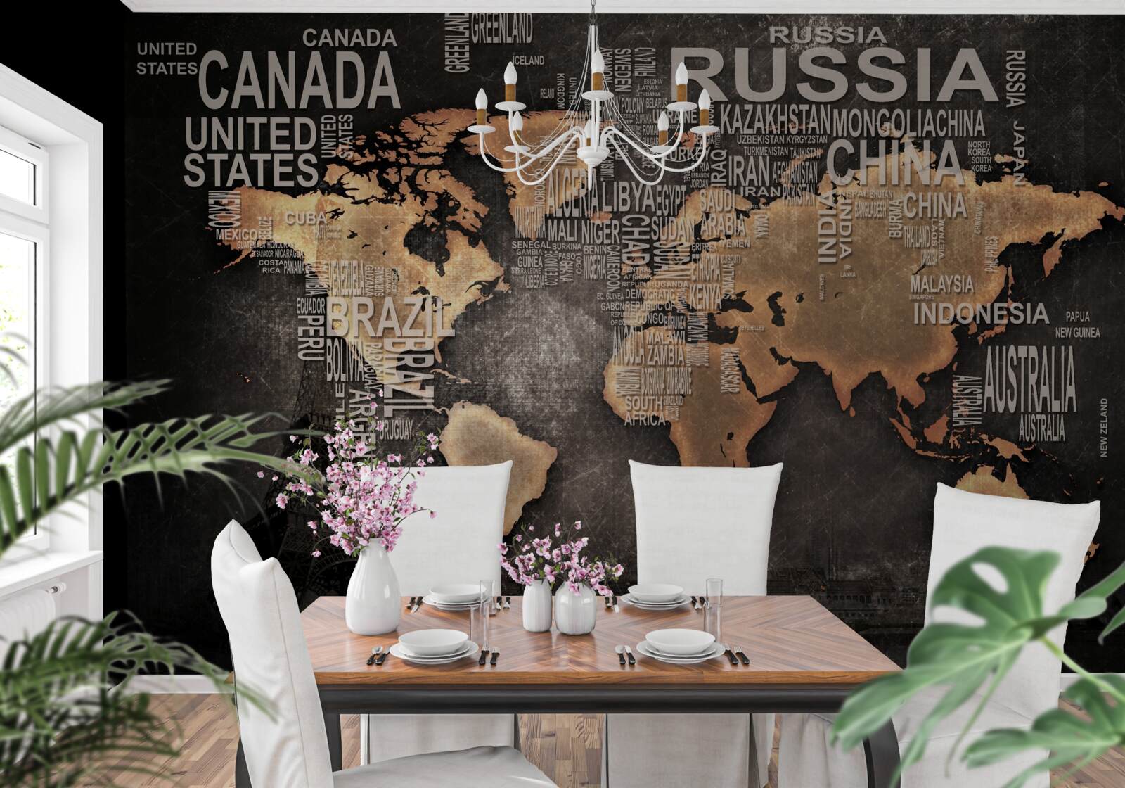 Фотошпалери карта світу в темних кольорах із зазначенням назв найбільших держав