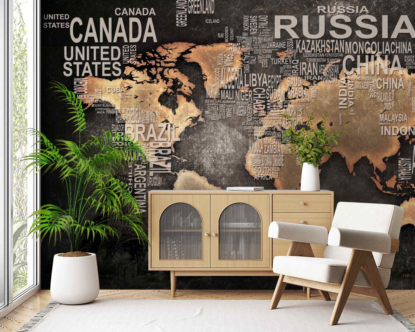Фотошпалери карта світу в темних кольорах із зазначенням назв найбільших держав