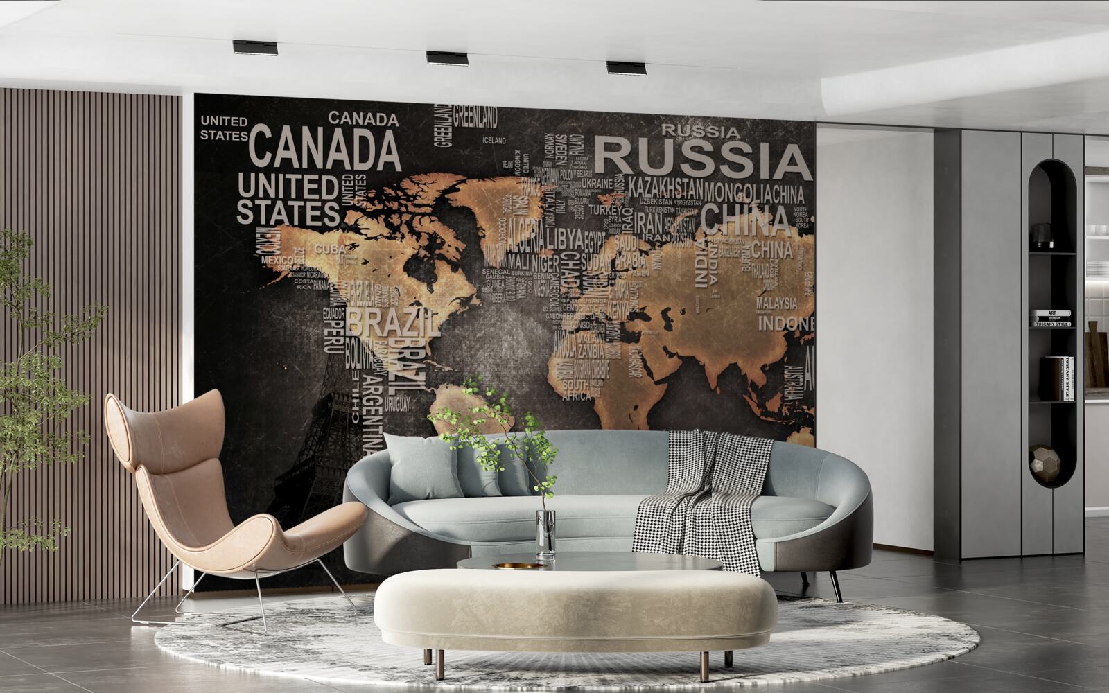 Фотошпалери карта світу в темних кольорах із зазначенням назв найбільших держав