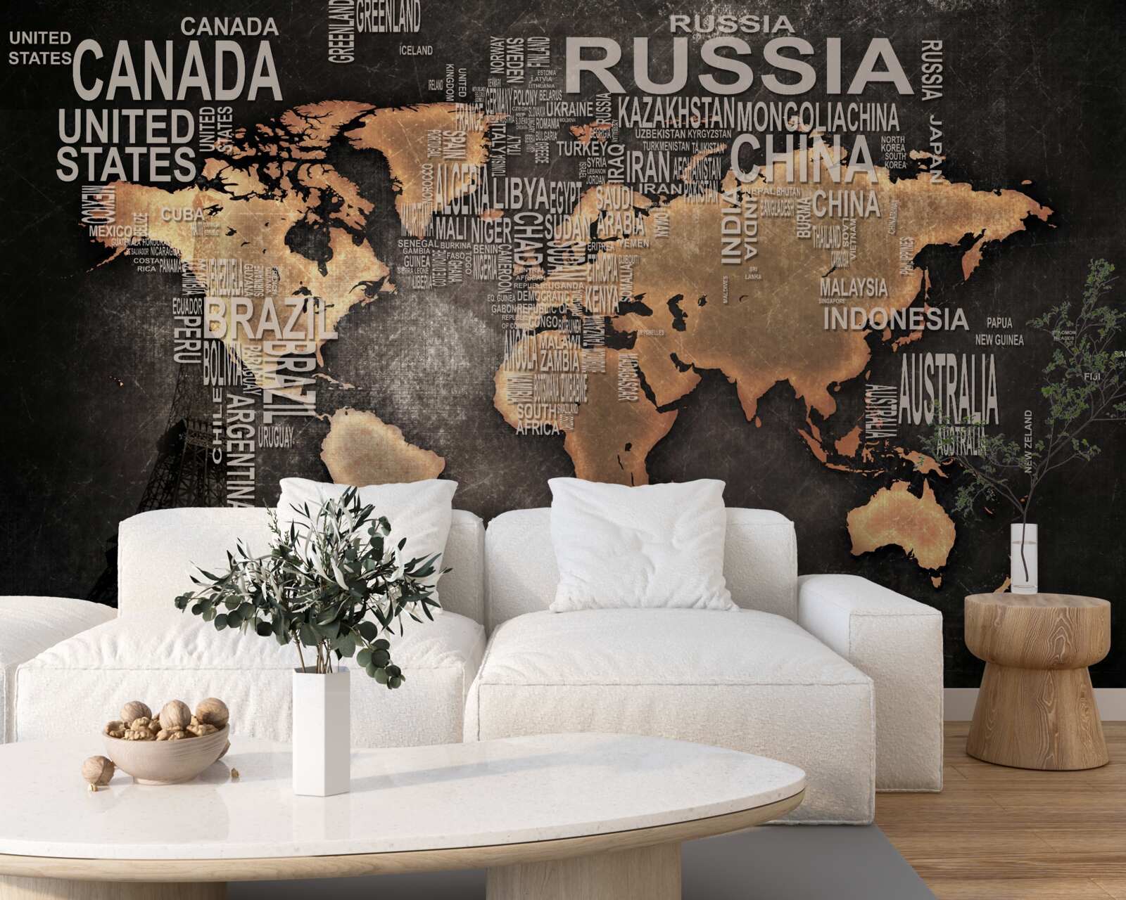 Фотошпалери карта світу в темних кольорах із зазначенням назв найбільших держав