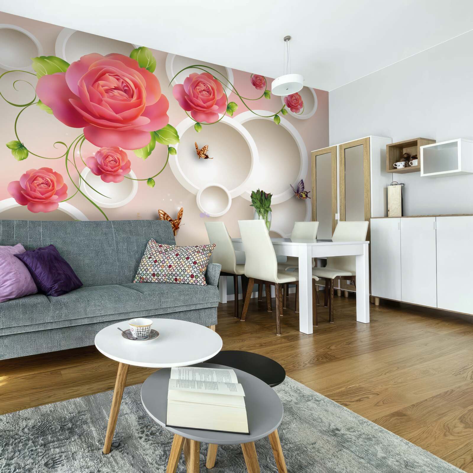 Фотошпалери червоні квіти троянди та білі кола