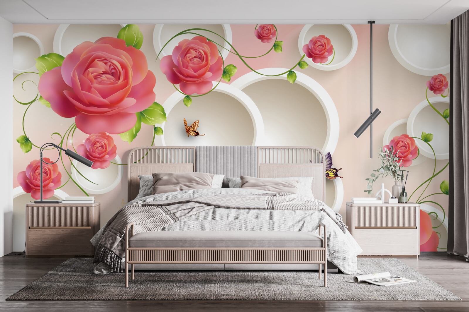 Фотошпалери червоні квіти троянди та білі кола