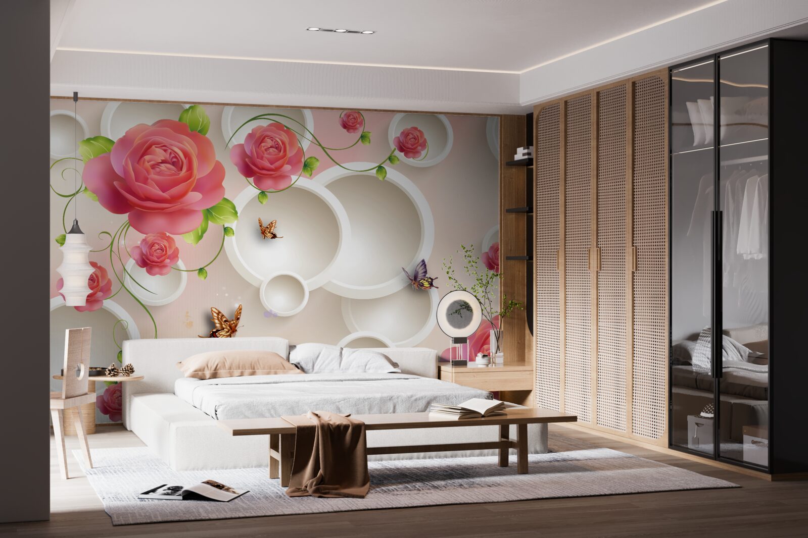 Фотошпалери червоні квіти троянди та білі кола