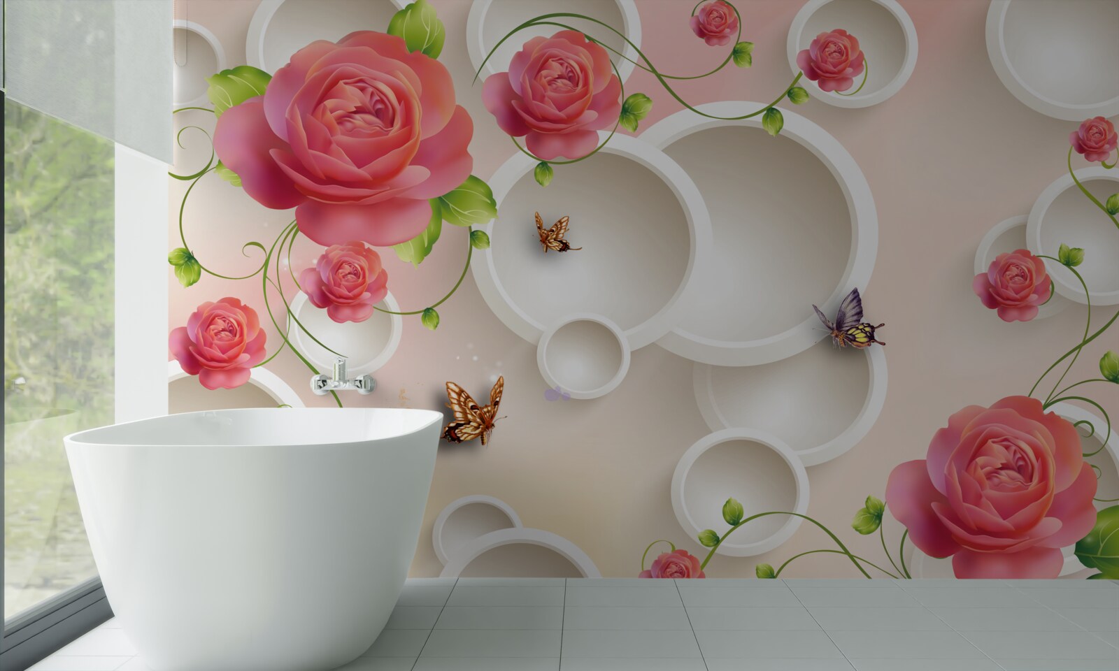 Фотошпалери червоні квіти троянди та білі кола