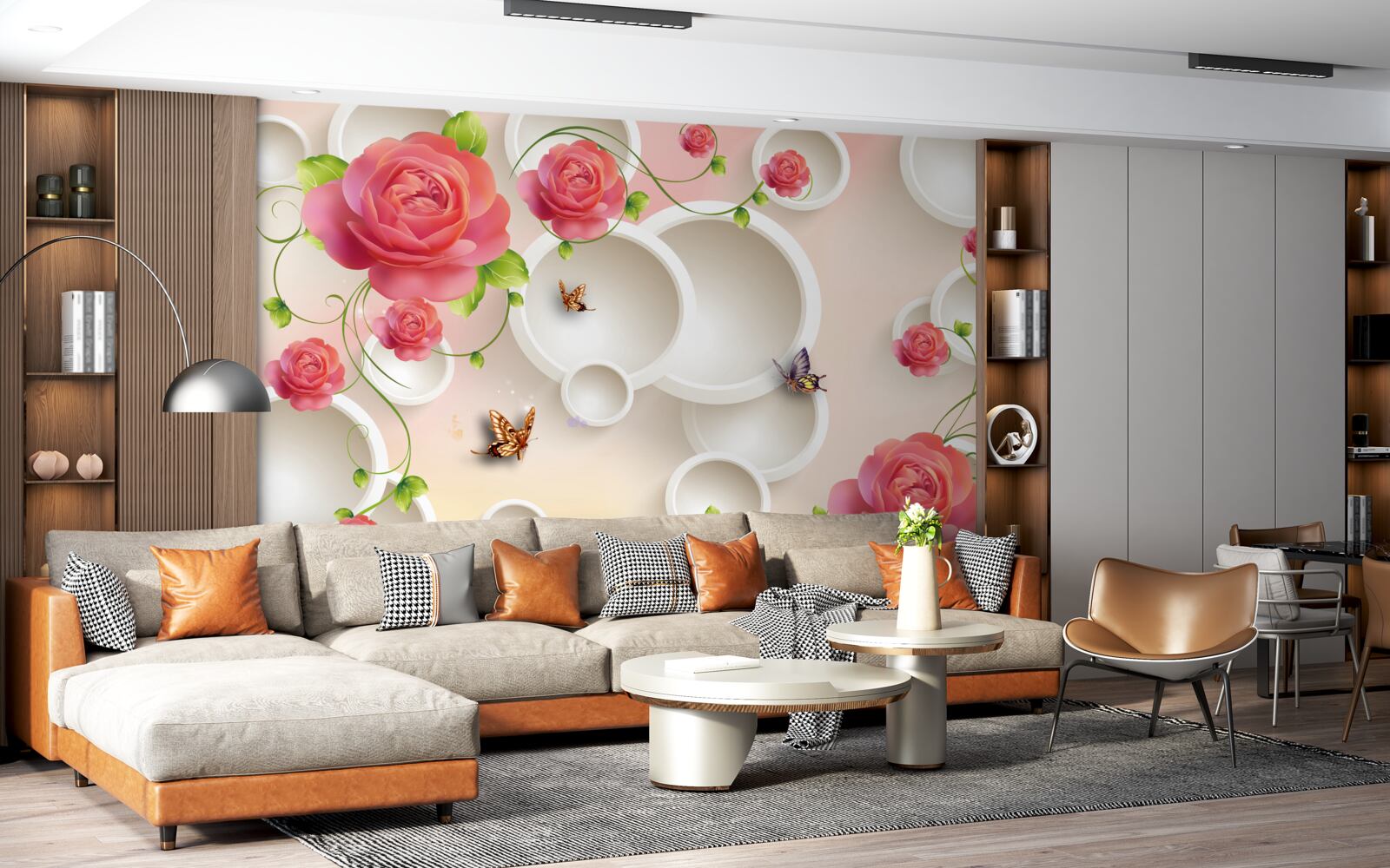 Фотошпалери червоні квіти троянди та білі кола