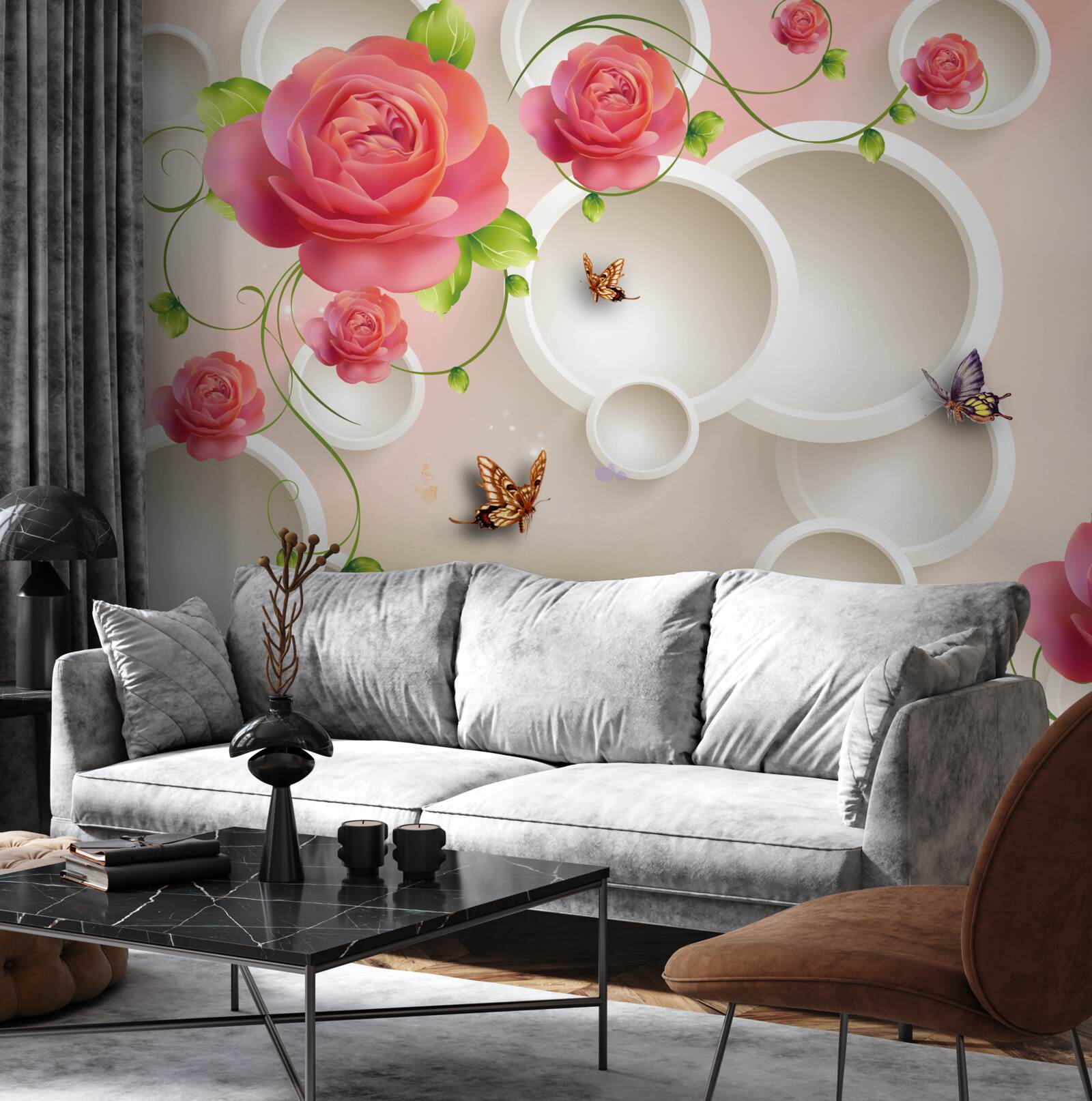 Фотошпалери червоні квіти троянди та білі кола