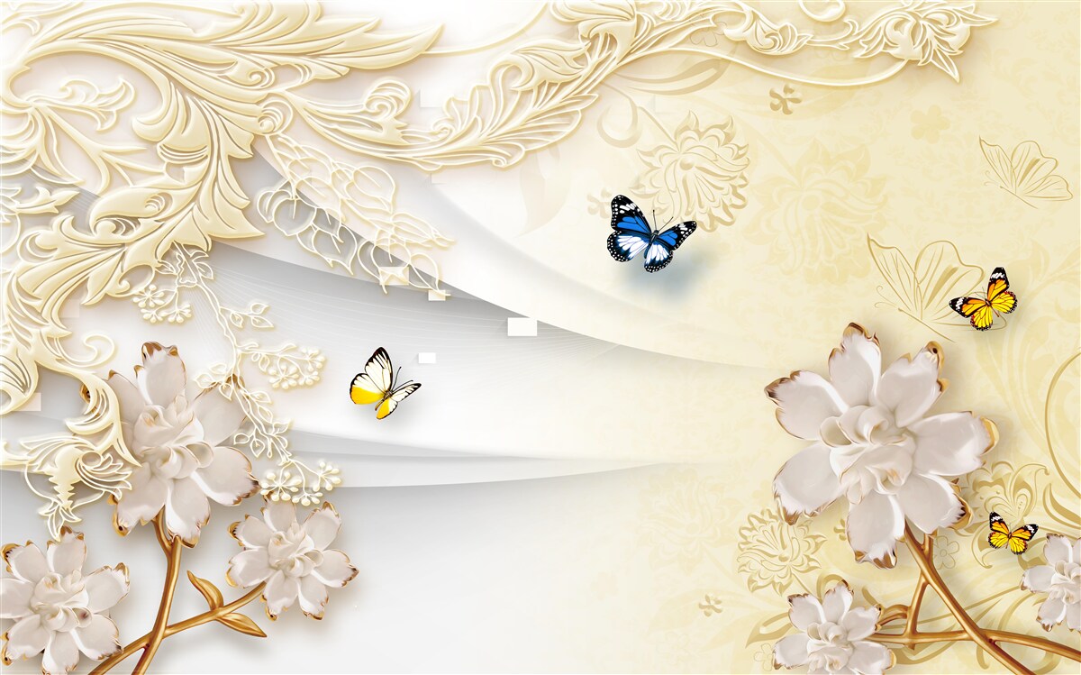 Фотошпалери метелики літають над гілками з розвиненими квітками