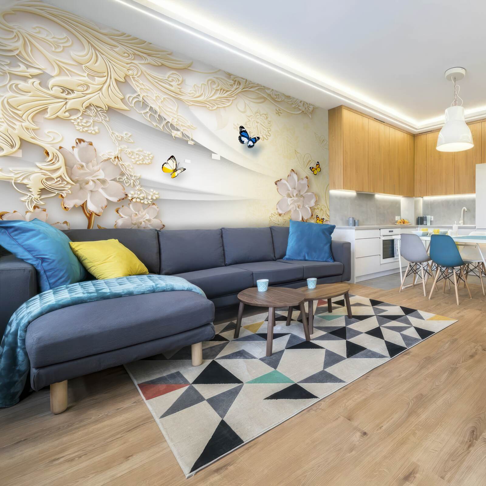 Фотошпалери метелики літають над гілками з розвиненими квітками