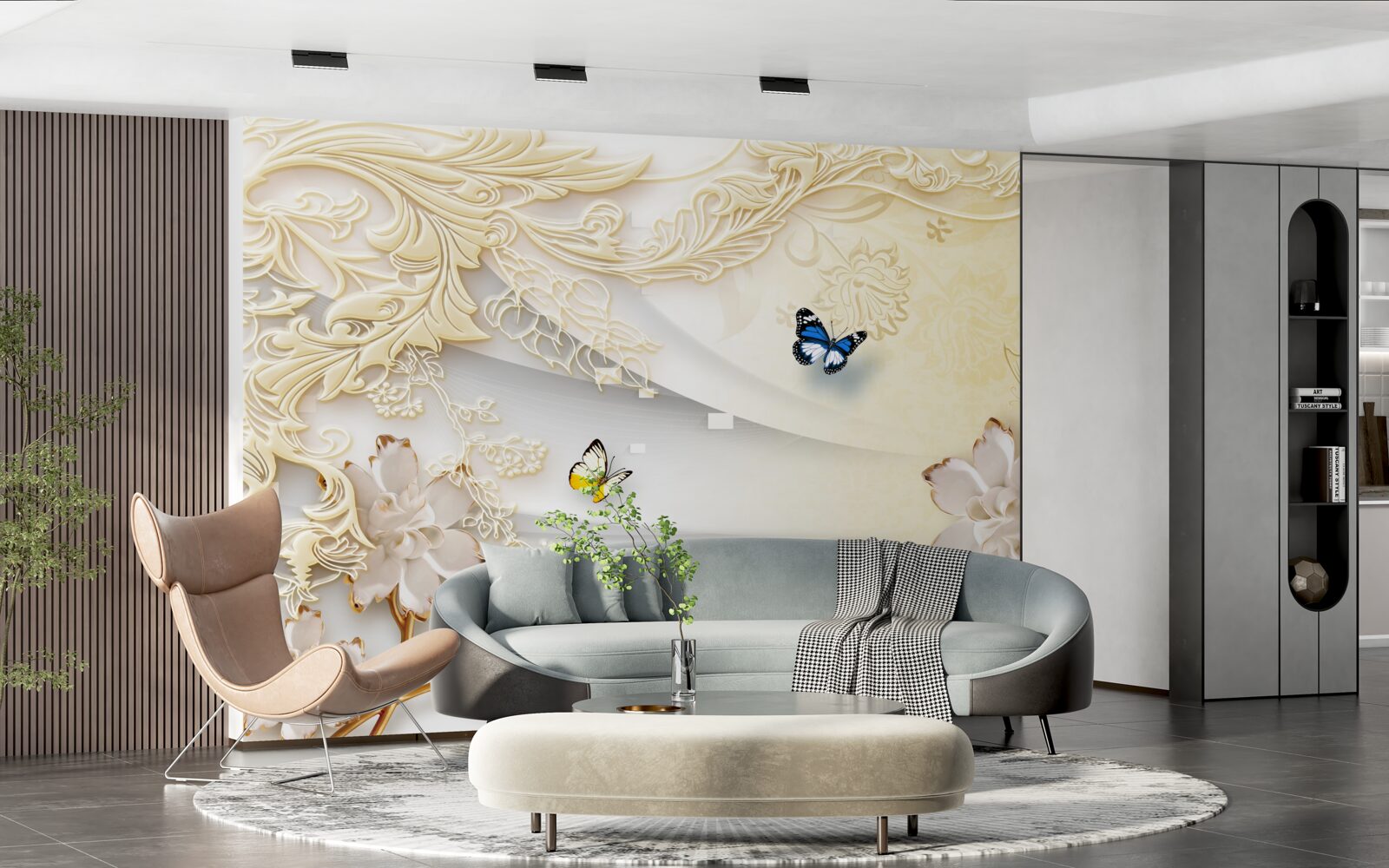 Фотошпалери метелики літають над гілками з розвиненими квітками