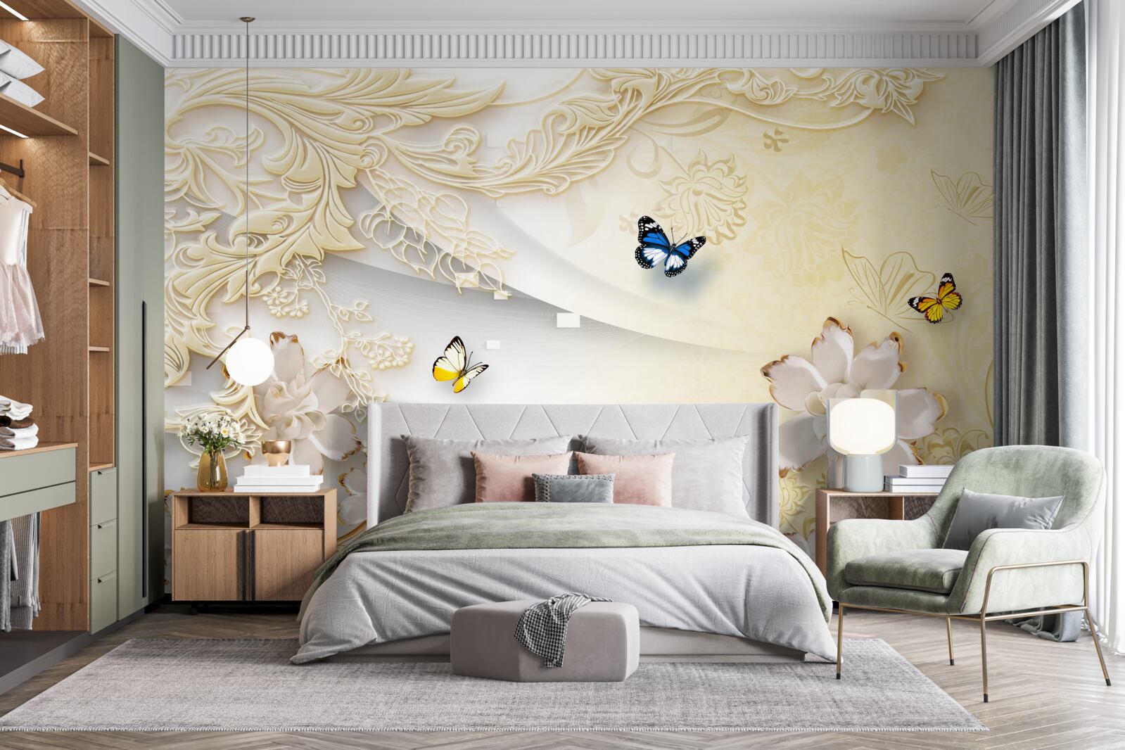 Фотошпалери метелики літають над гілками з розвиненими квітками