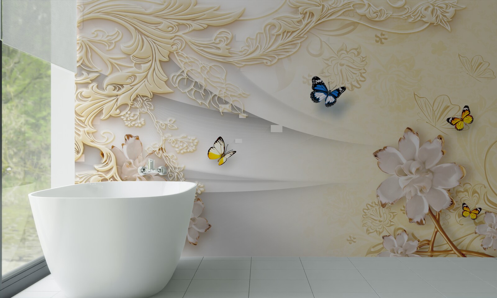 Фотошпалери метелики літають над гілками з розвиненими квітками