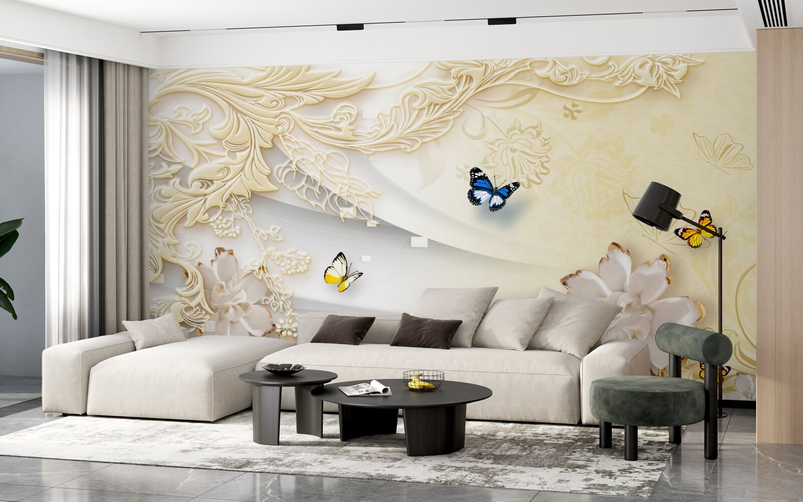 Фотошпалери метелики літають над гілками з розвиненими квітками