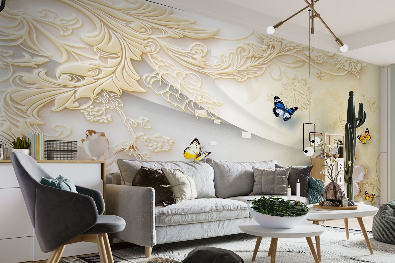 Фотошпалери метелики літають над гілками з розвиненими квітками