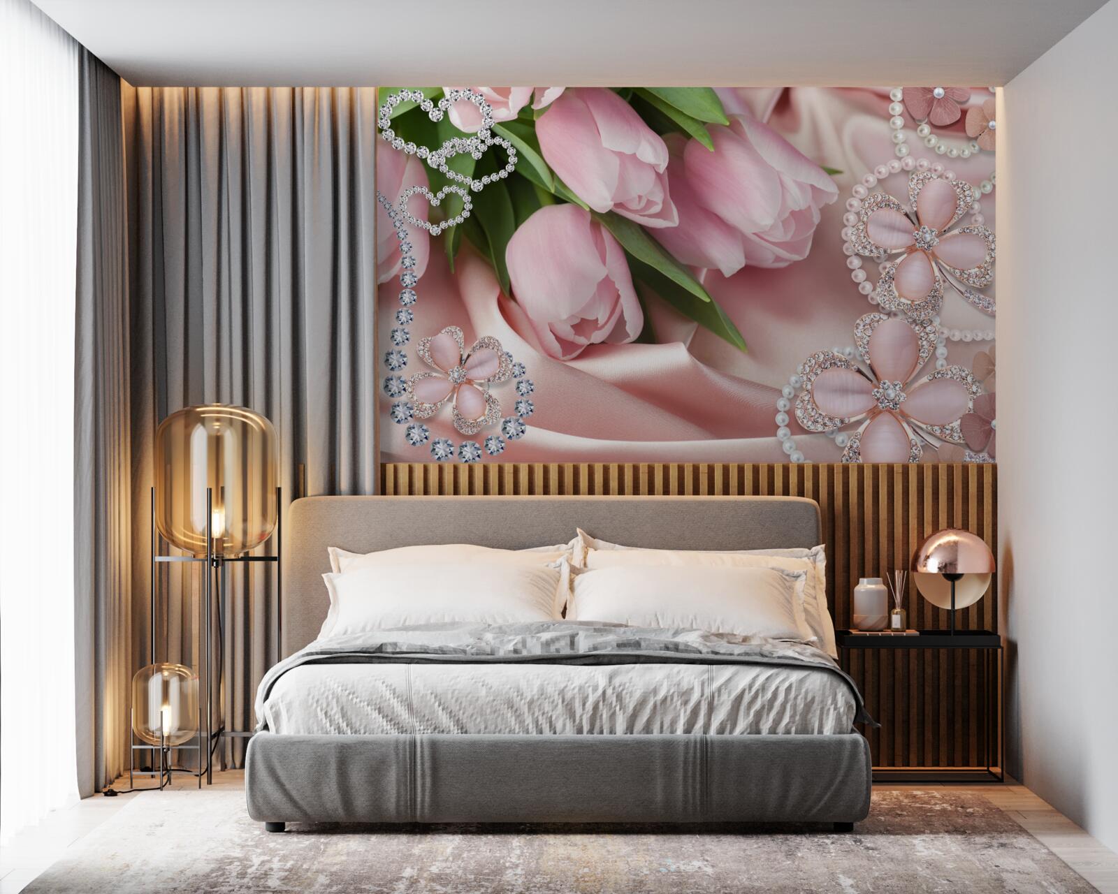Фотошпалери тюльпани рожевого кольору, прикрашені бісером на шовковому тлі