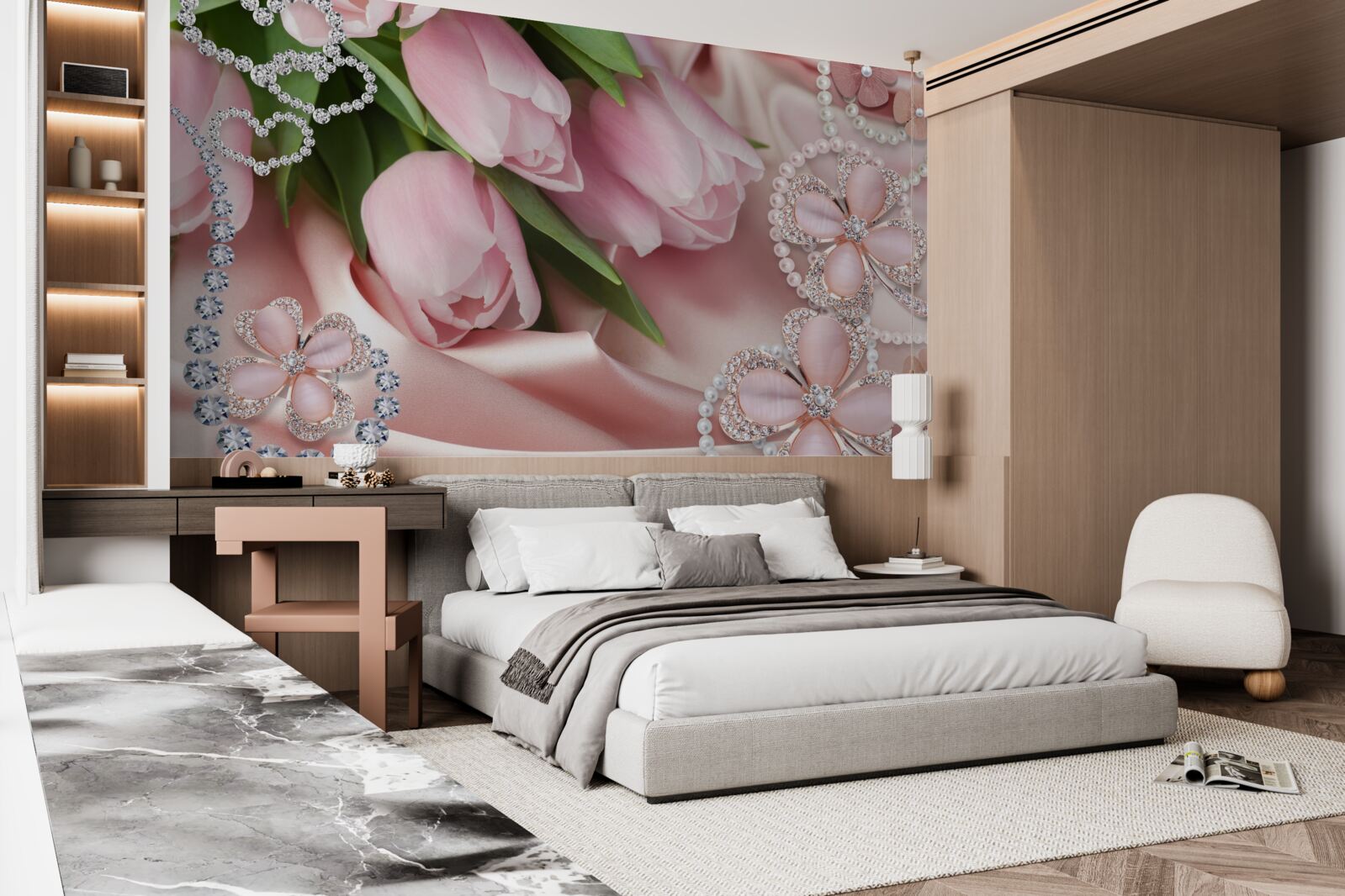 Фотошпалери тюльпани рожевого кольору, прикрашені бісером на шовковому тлі
