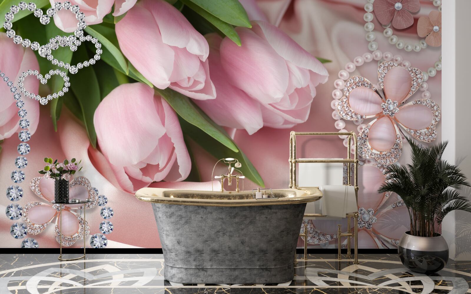 Фотошпалери тюльпани рожевого кольору, прикрашені бісером на шовковому тлі